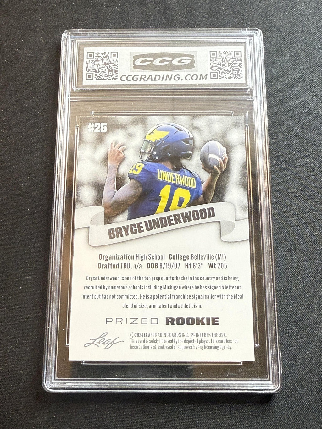 Bryce Underwood 2024 Leaf Prized Rookie CCG 10 Michigan Rookie