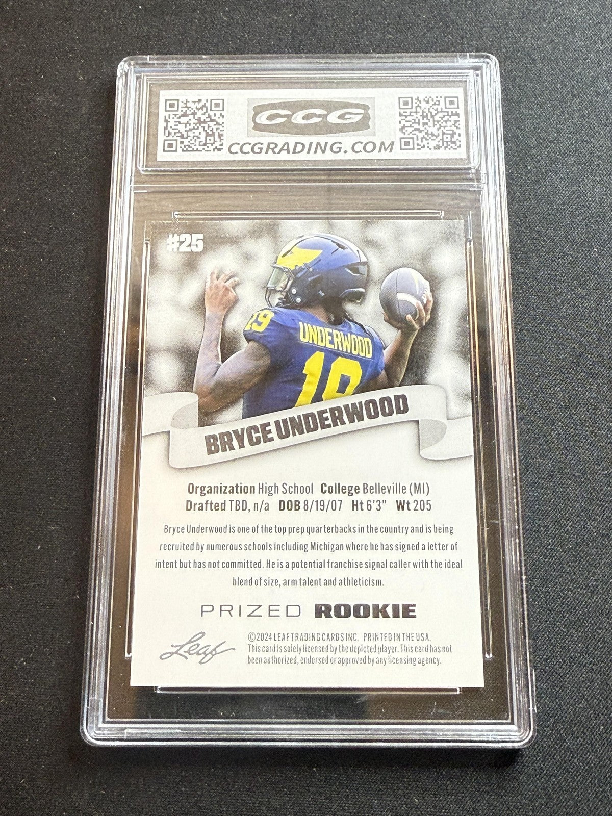 Bryce Underwood 2024 Leaf Prized Rookie CCG 10 Michigan Rookie