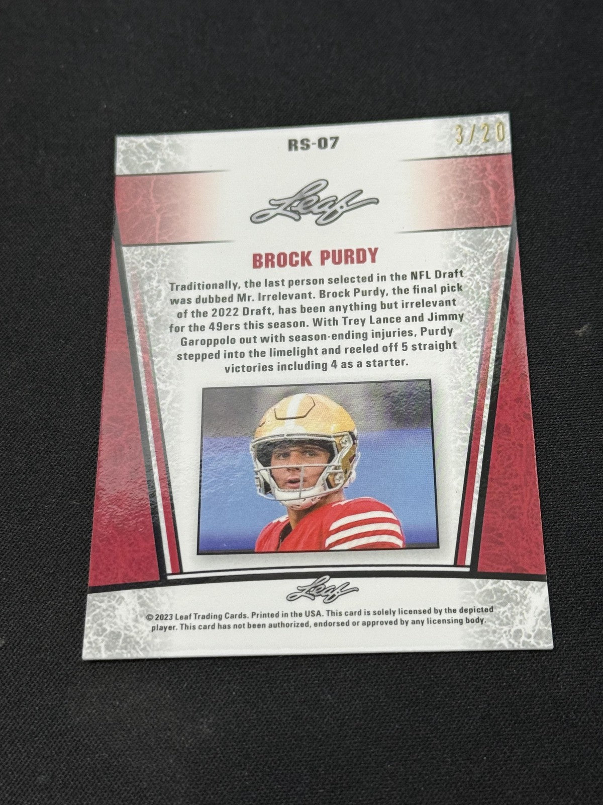 Brock Purdy 2023 LEAF Metal Rookie Blue /20 RC 49ers