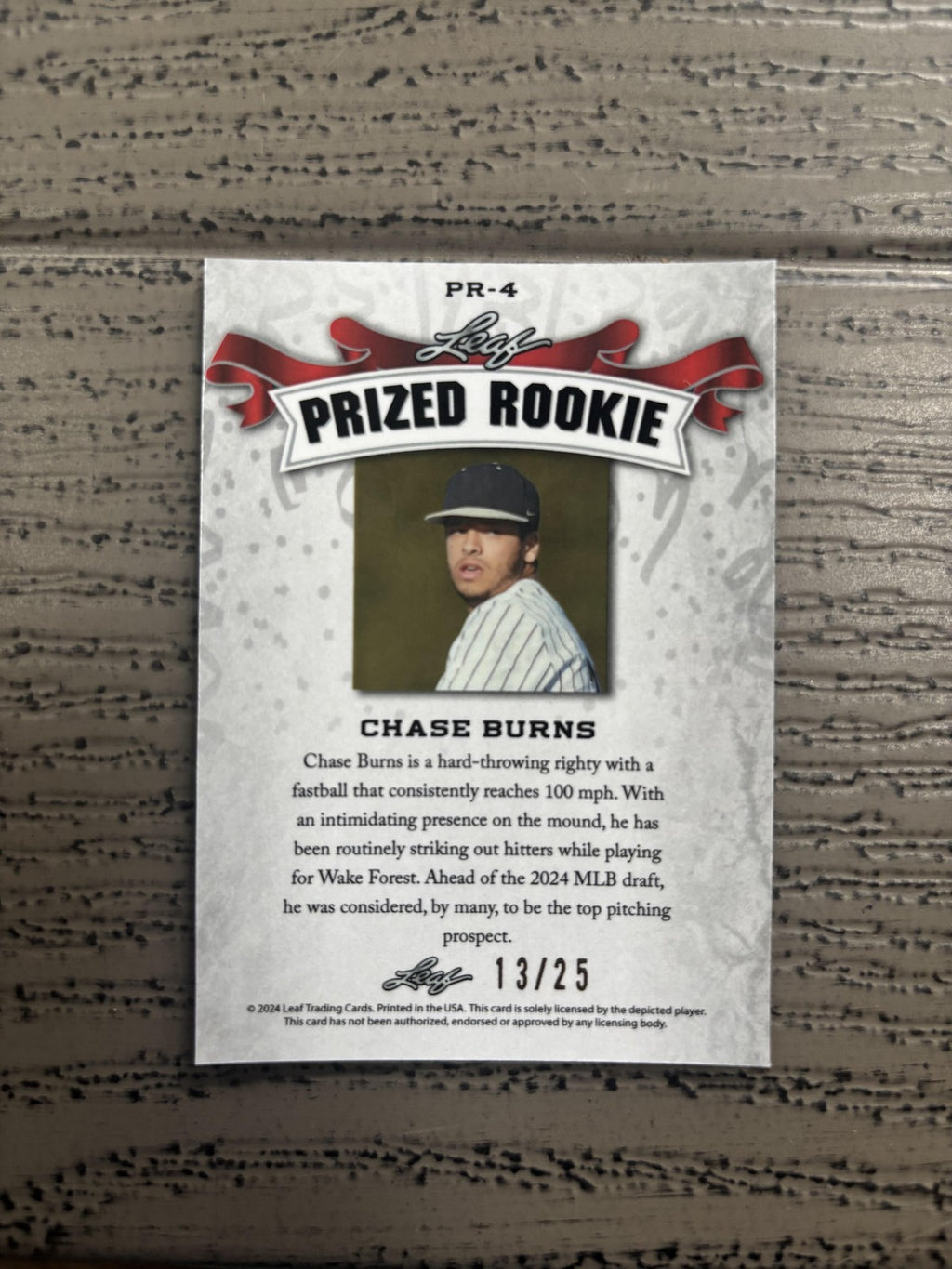 Chase Burns 2024 Leaf Prized Rookie Metal /25 RC Reds