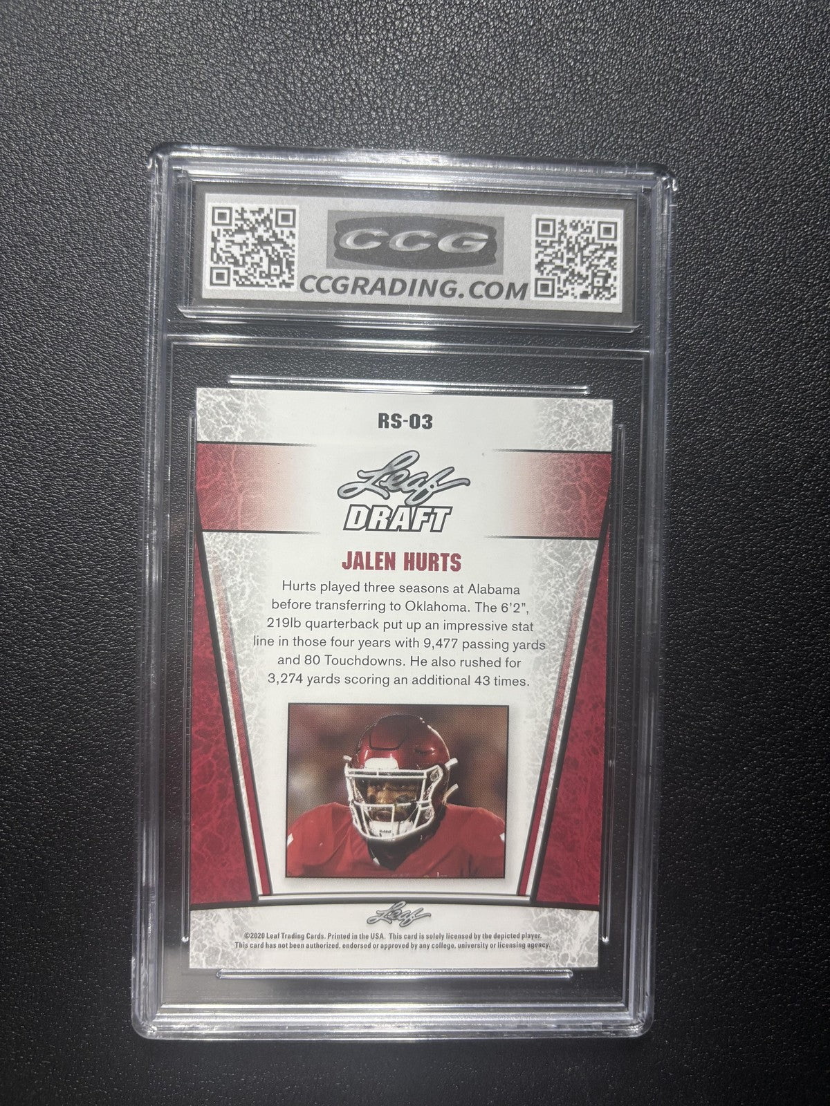 Jalen Hurts 2020 Leaf Draft CCG 10 RC