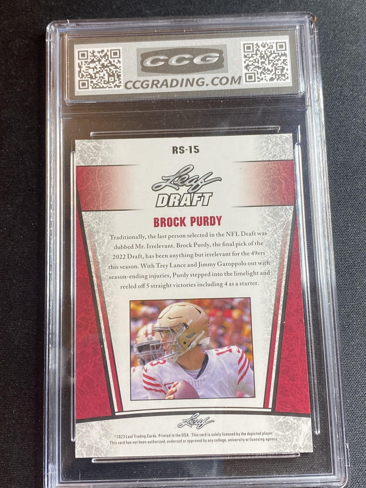 Brock Purdy 2023 Leaf Draft RS15 CCG 10 RC