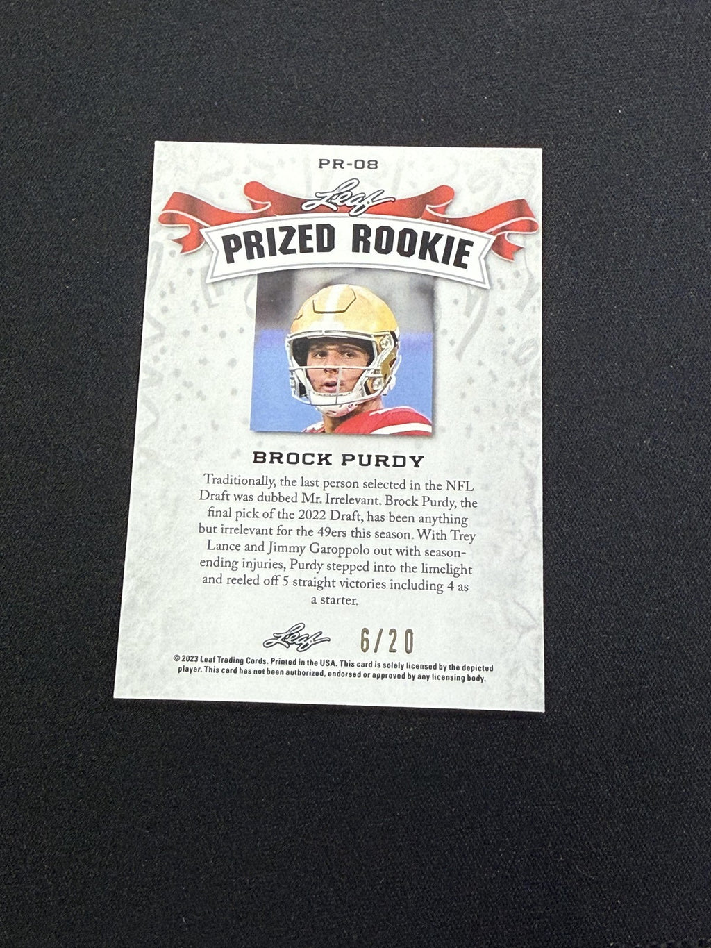 Brock Purdy 2023 Leaf Prized Metal Rookie Blue /20 RC 49ers