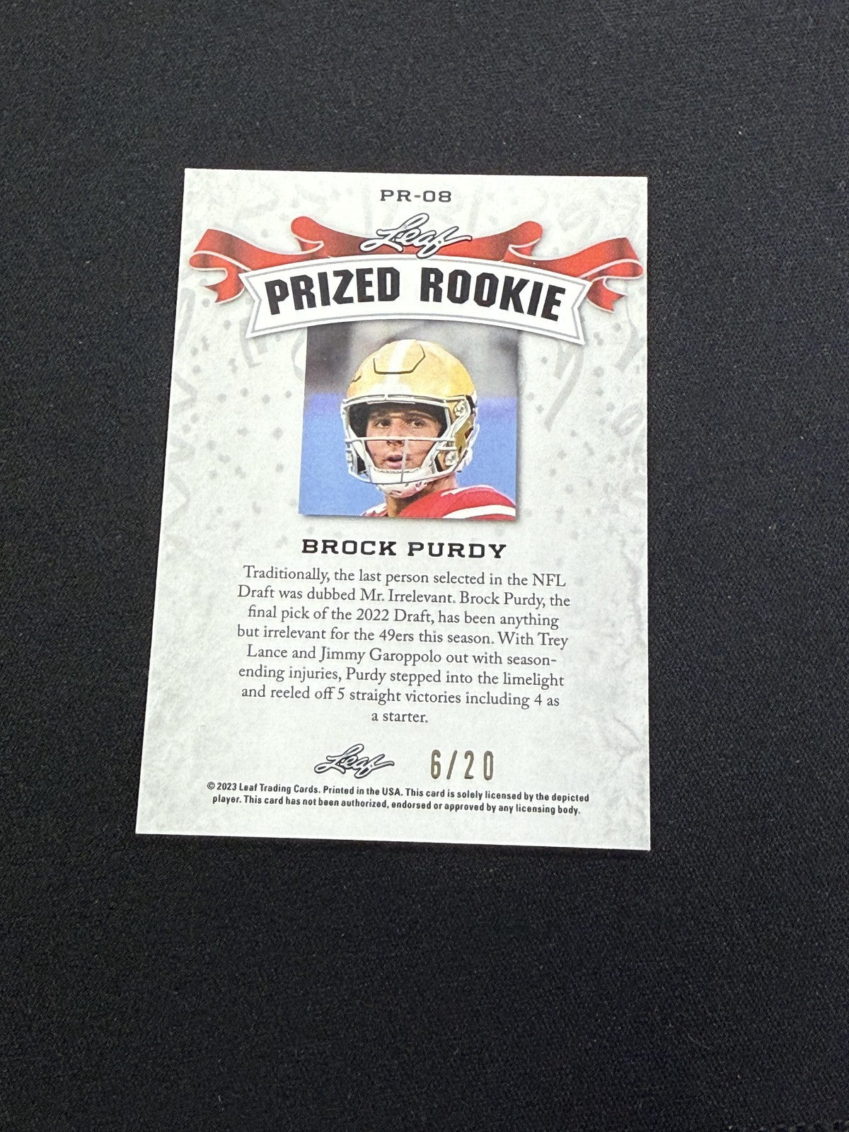 Brock Purdy 2023 Leaf Prized Metal Rookie Blue /20 RC 49ers