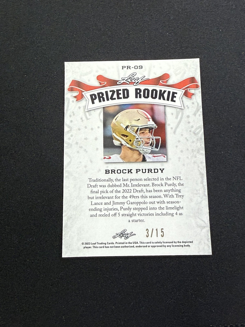 Brock Purdy 2023 Leaf Prized Metal Rookie Purple /15 RC 49ers
