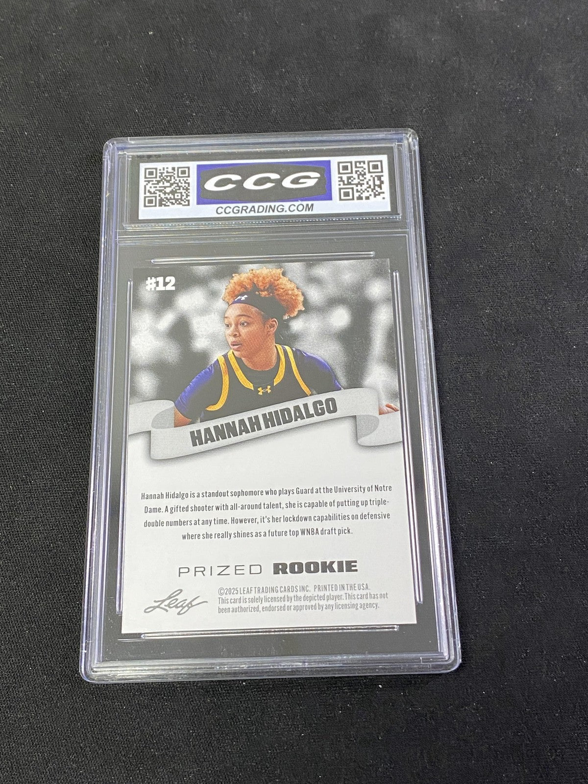 Hannah Hidalgo 2025 Leaf Prized Rookie CCG 10 Notre Dame Rookie