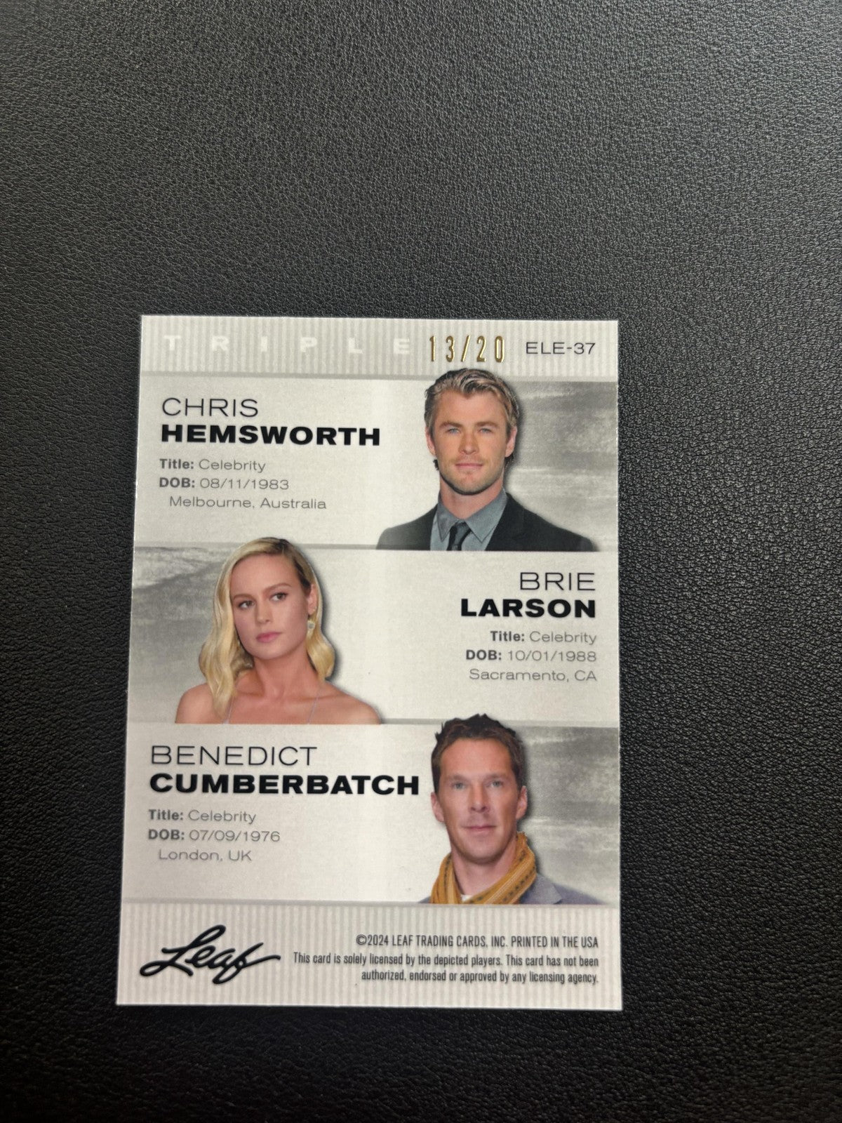 Hemsworth/Larson/Cumberbatch 2024 Leaf Exclusive Legends Trio Metal Blue /20 RC