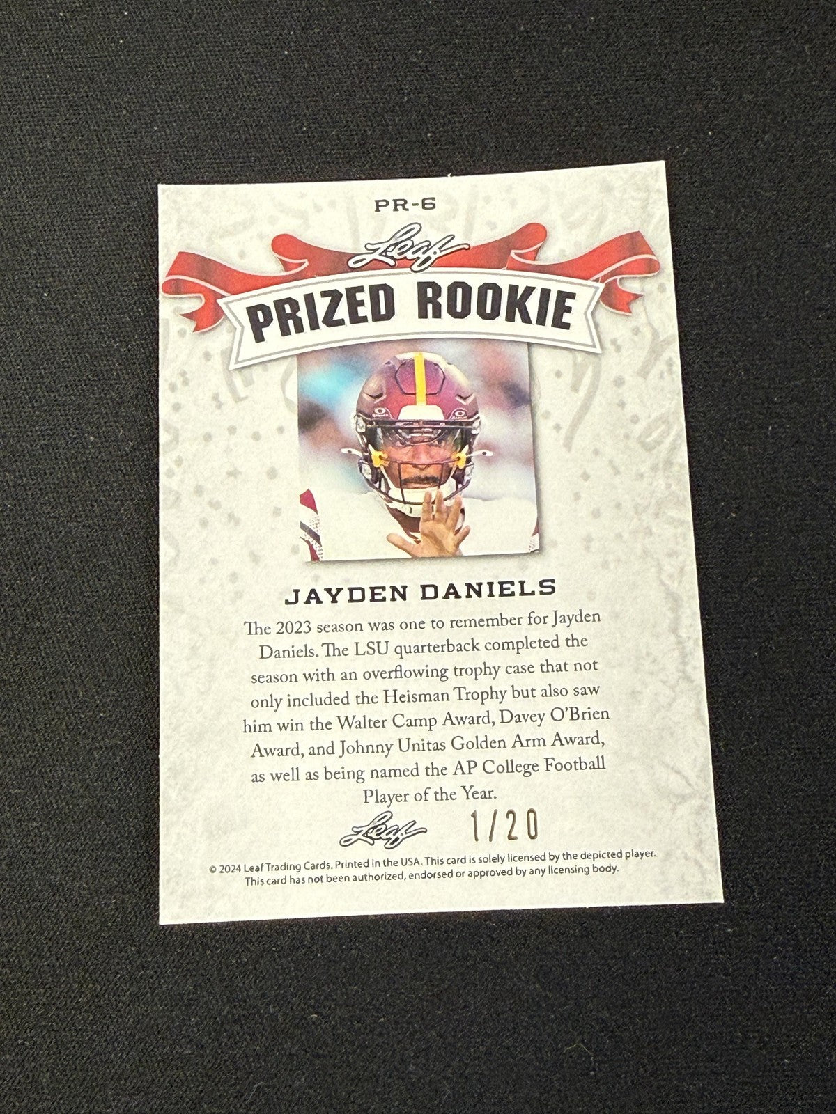 Jayden Daniels 2024 Leaf Prized Metal Rookie Blue /20 RC Washington Commanders