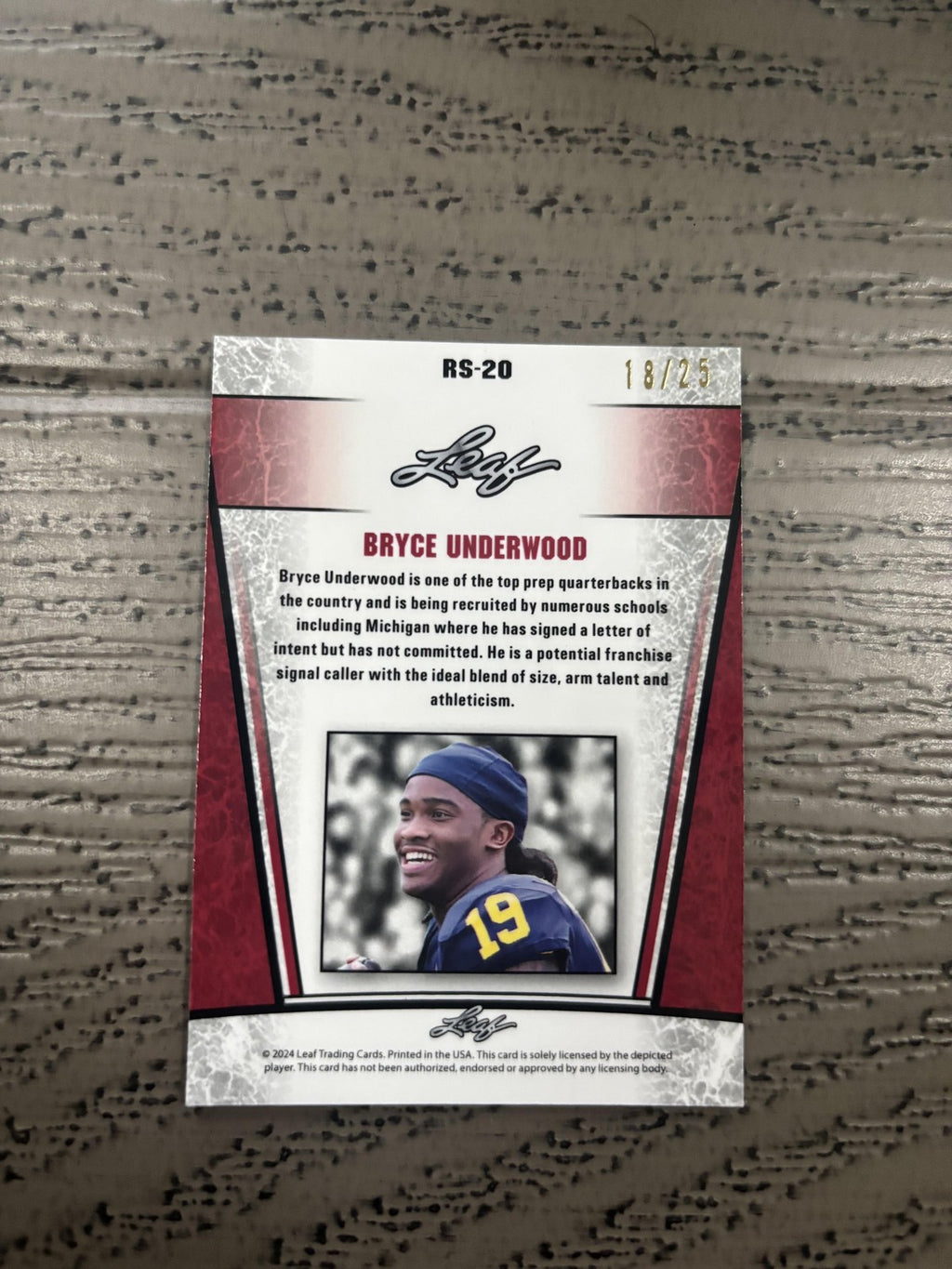 Bryce Underwood 2024 Leaf Rookie Metal /20 RC Michigan Wolverines