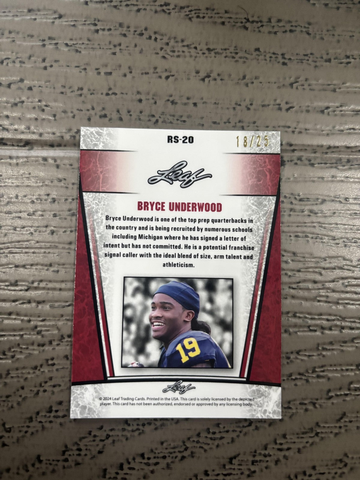 Bryce Underwood 2024 Leaf Rookie Metal /20 RC Michigan Wolverines