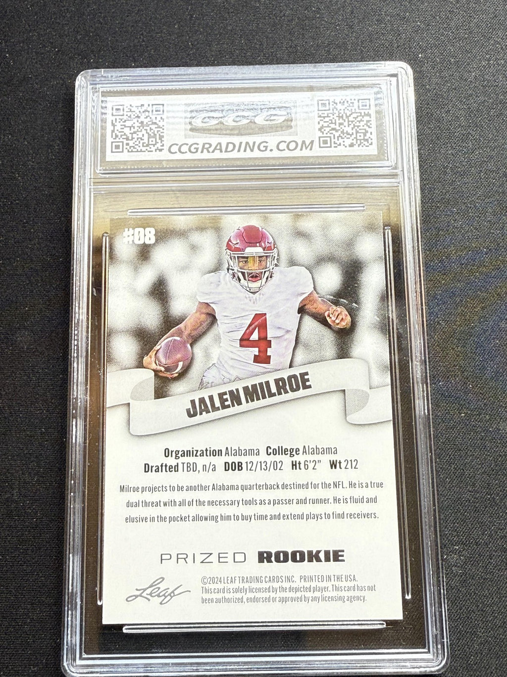 Jalen Milroe 2024 Leaf Prized Rookie CCG 10 RC