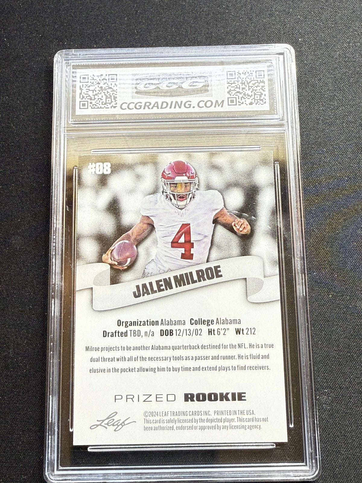 Jalen Milroe 2024 Leaf Prized Rookie CCG 10 RC