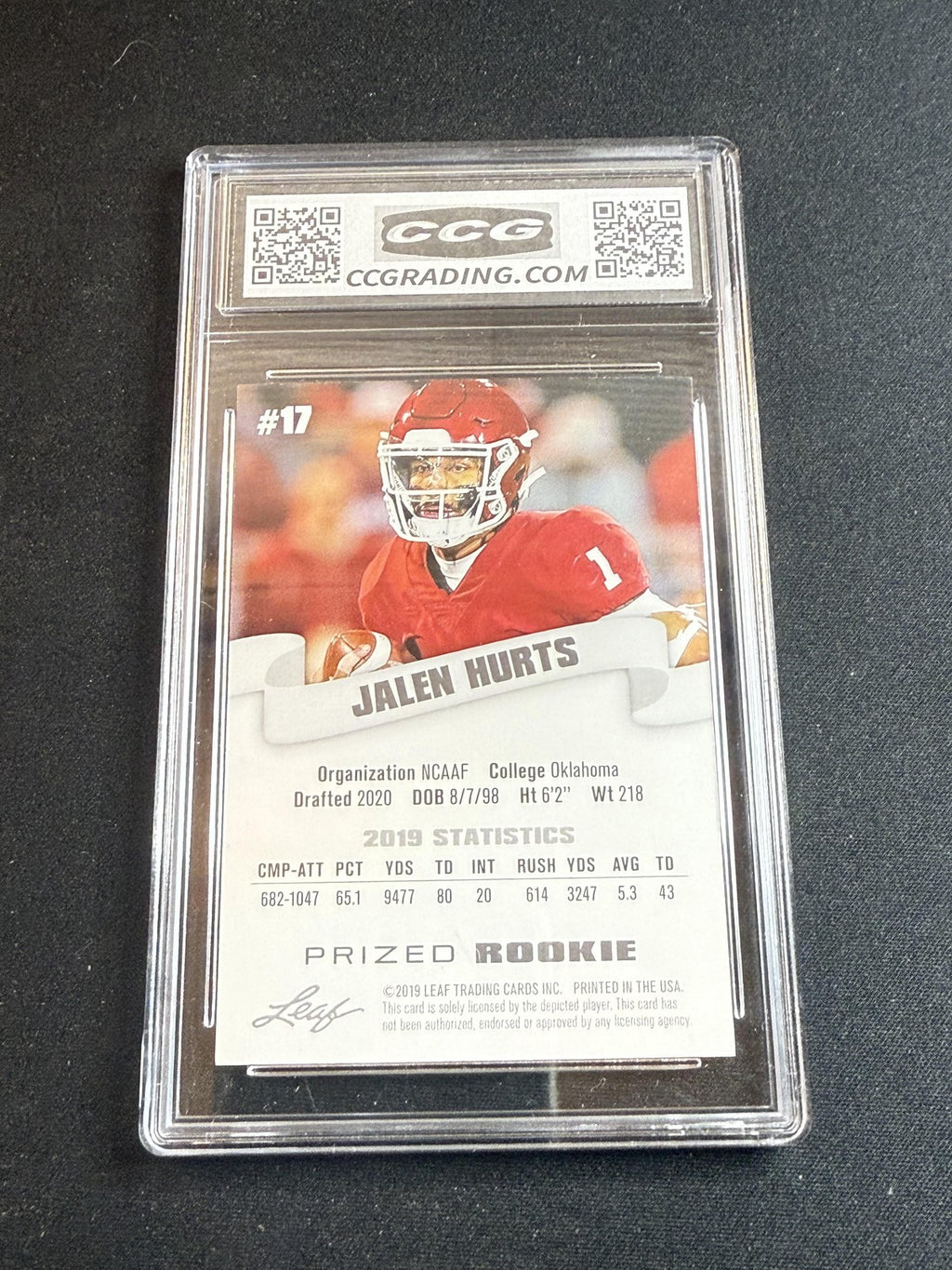 Jalen Hurts 2019 Leaf Prized Rookie CCG 10 Eagles