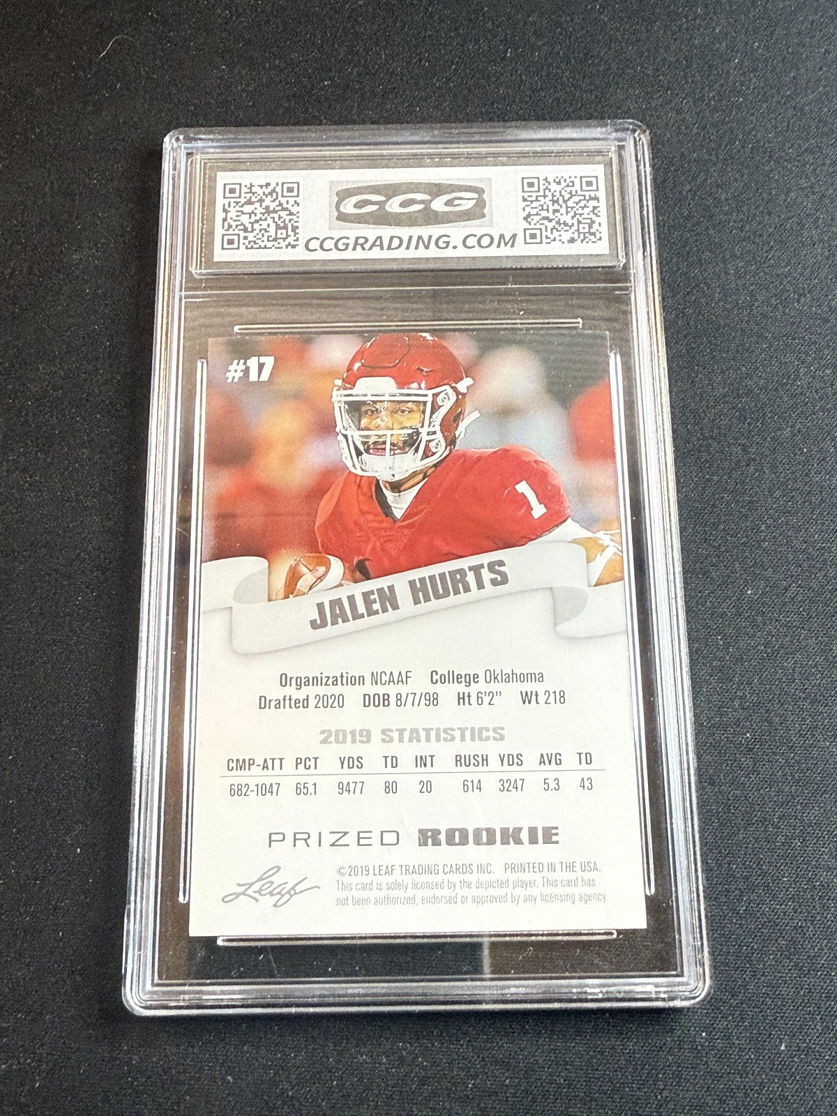 Jalen Hurts 2019 Leaf Prized Rookie CCG 10 Eagles