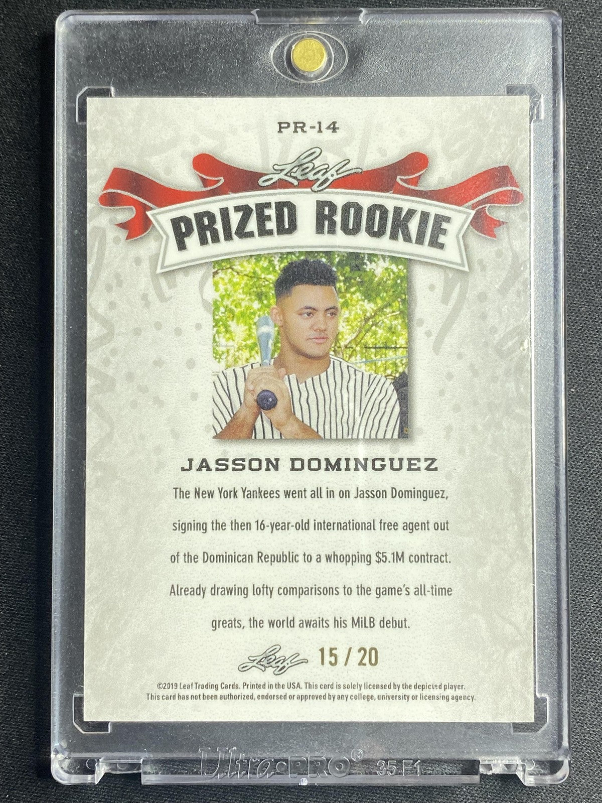 Jasson Dominguez 2019 Leaf Prized Metal Rookie PR14 Blue /20 RC