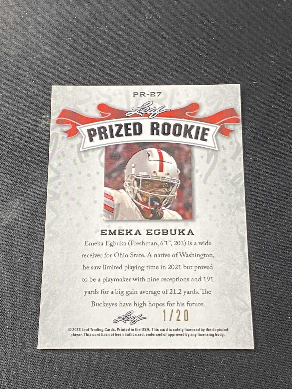 Emeka Egbuka 2023 Leaf Prized Metal Rookie Blue /20 RC