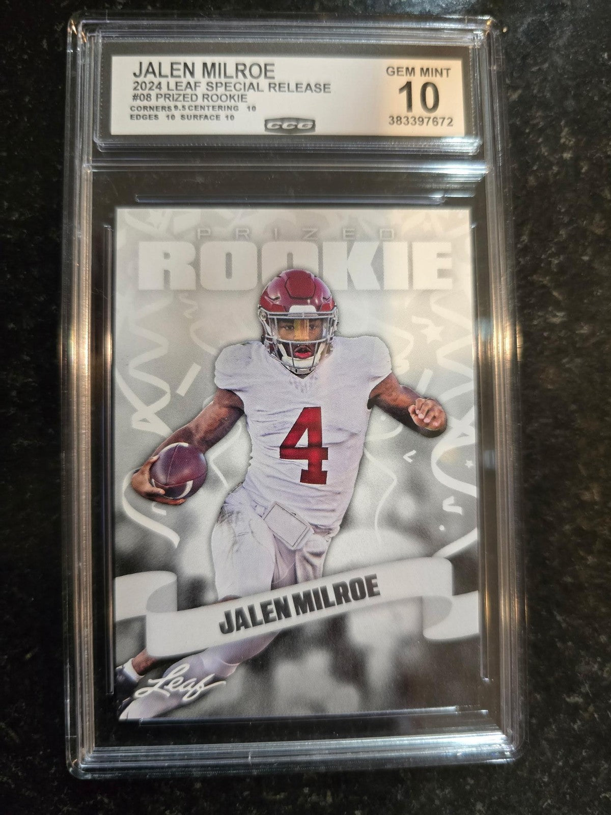 Jalen Milroe 2024 Leaf Prized Rookie 8 CCG 10 RC