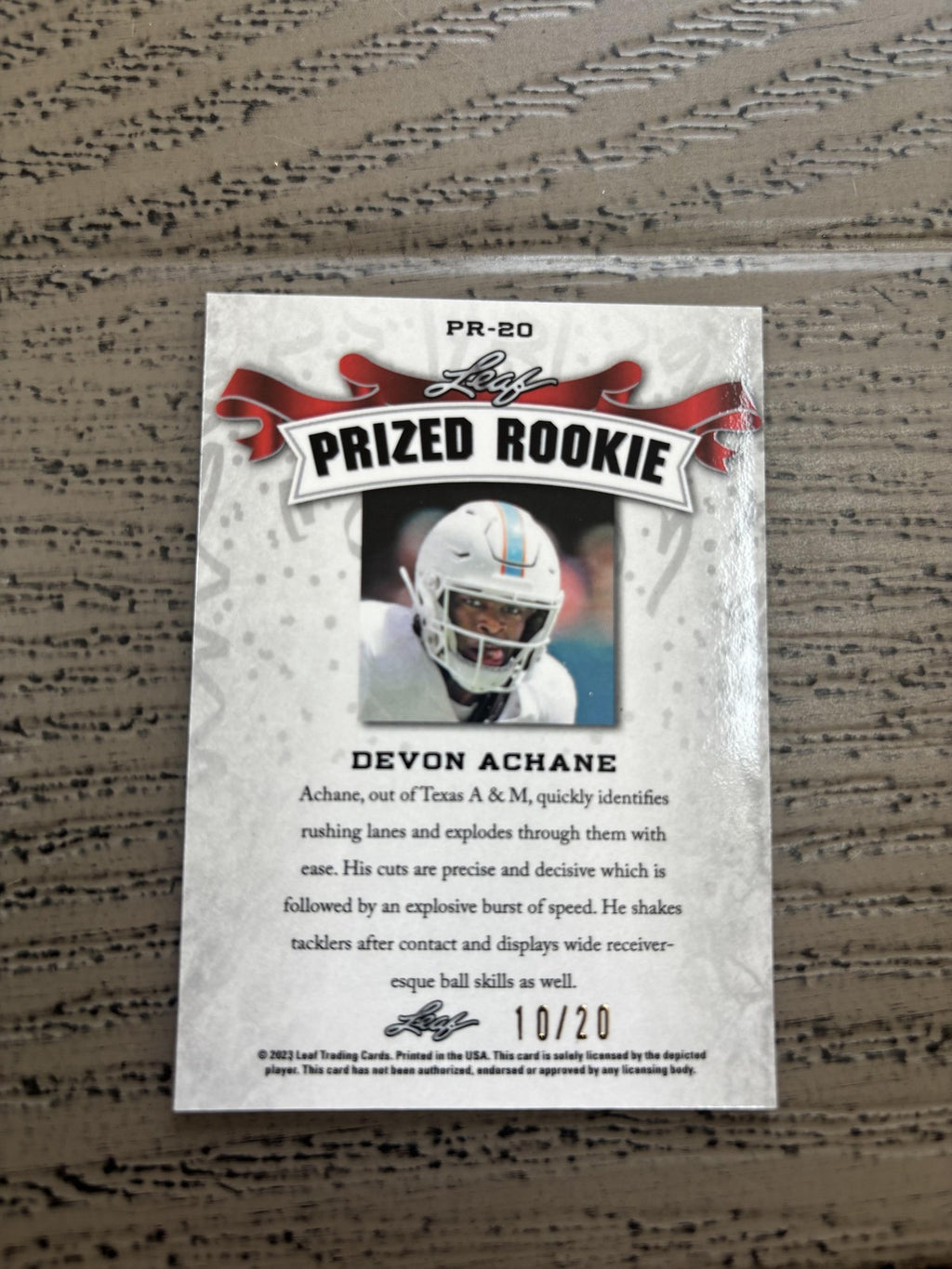 Devon Achane 2023 Leaf Prized Metal Rookie Blue /20 RC Dolphins
