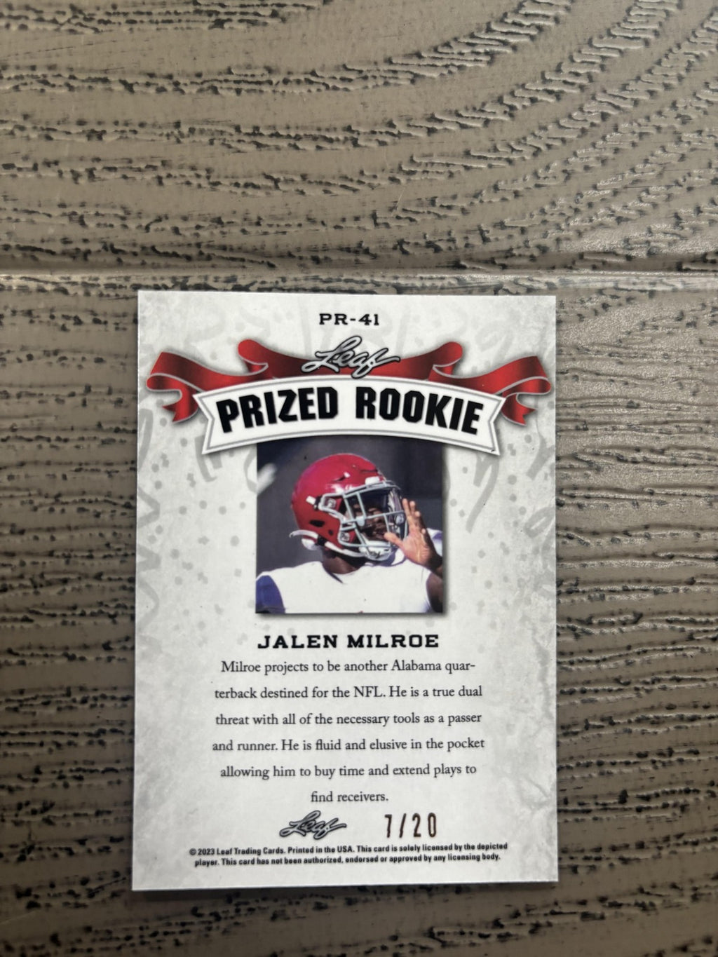 Jalen Milroe 2023 Leaf Prized Metal Rookie Blue /20 RC Seahawks