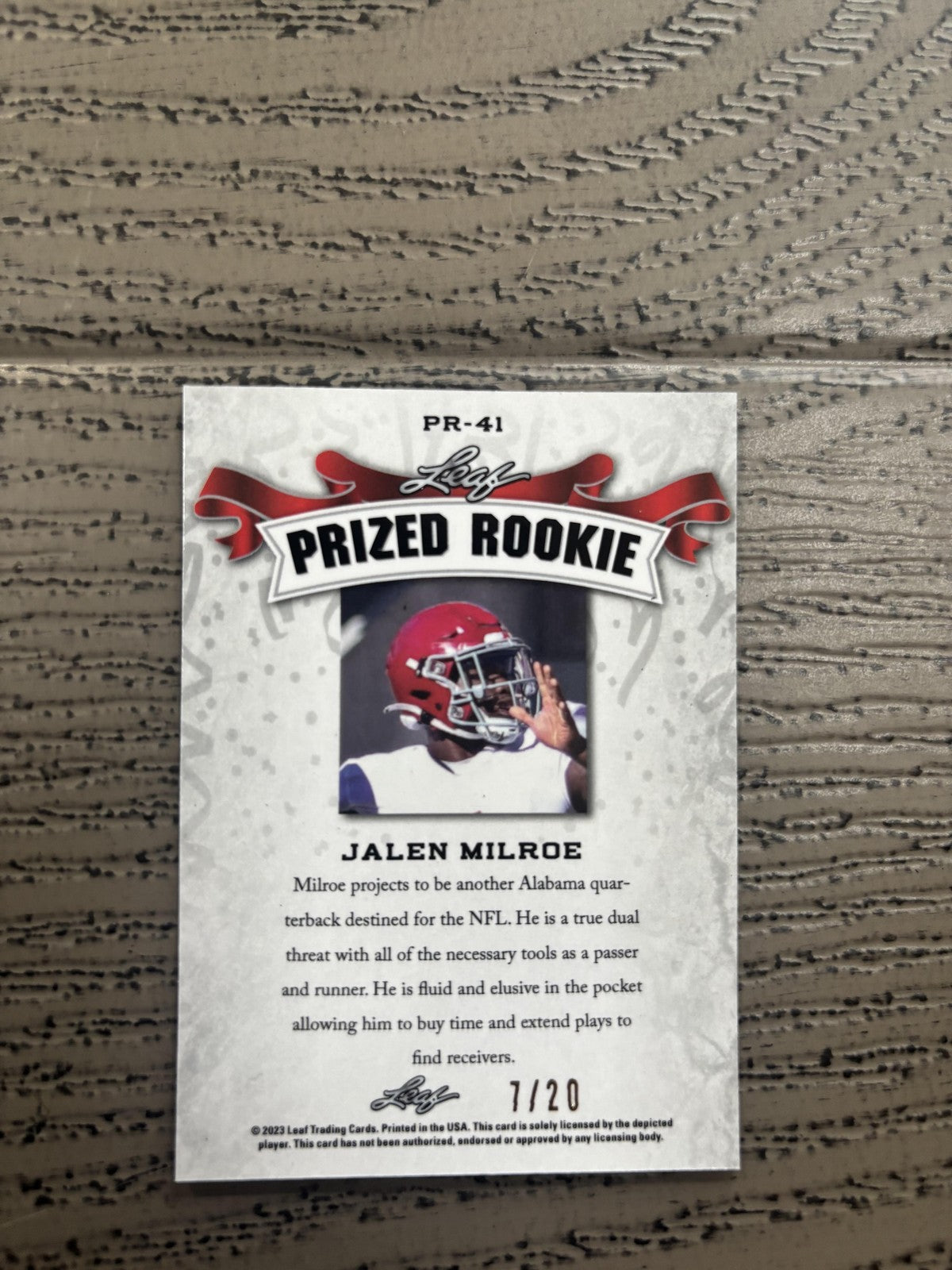 Jalen Milroe 2023 Leaf Prized Metal Rookie Blue /20 RC Seahawks