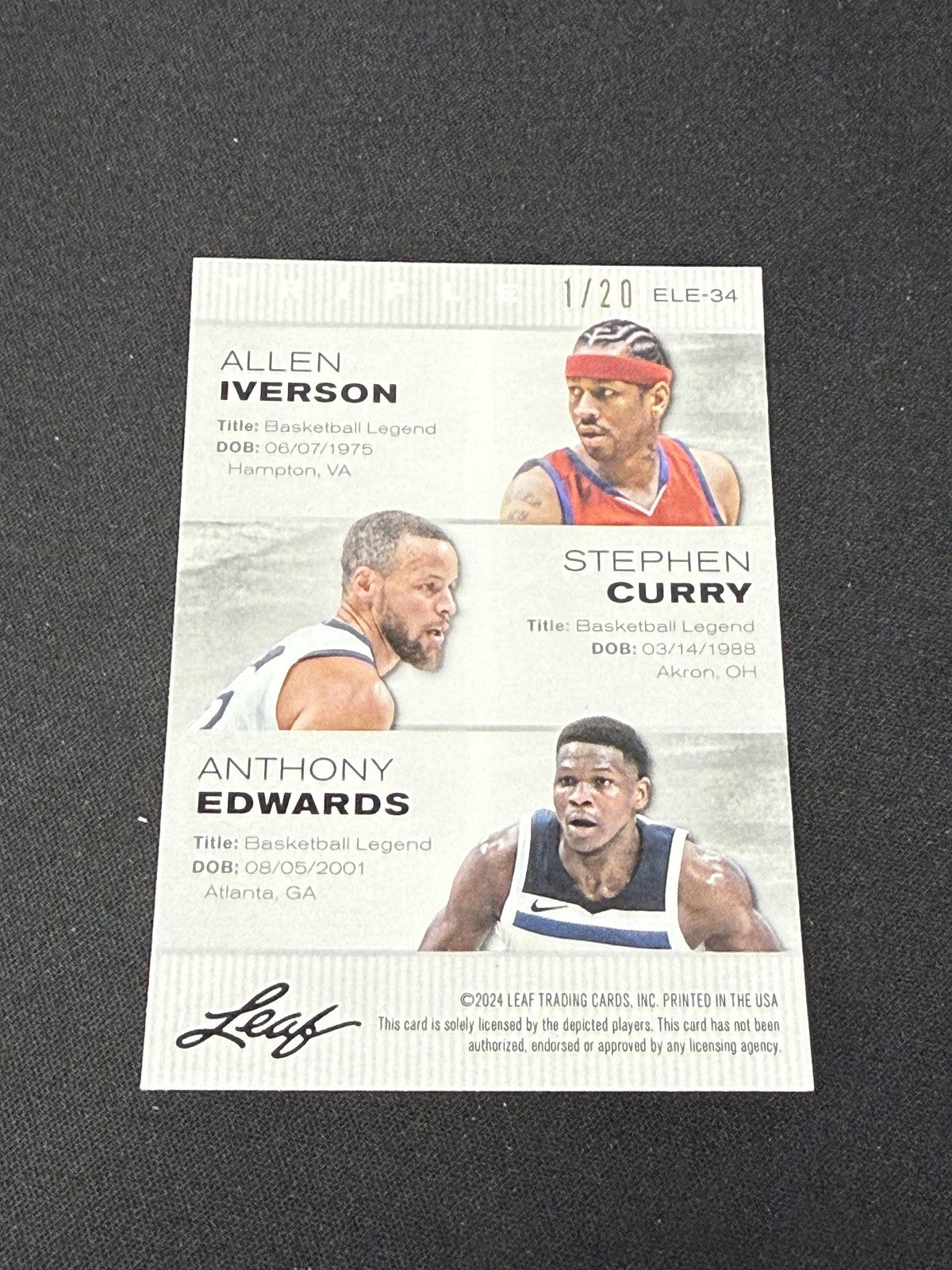Allen Iverson / Stephen Curry / Anthony Edwards 2024 Leaf Metal Trio Blue /20 RC