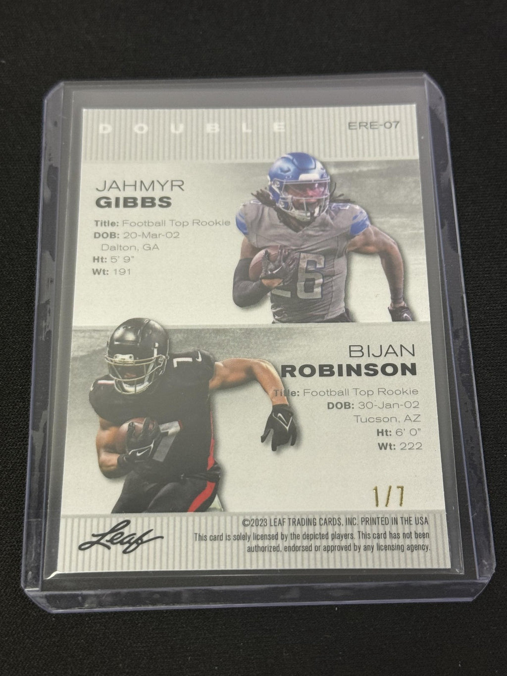 Jahmyr Gibbs Bijan Robinson 2023 Leaf Dual Black /7 RC