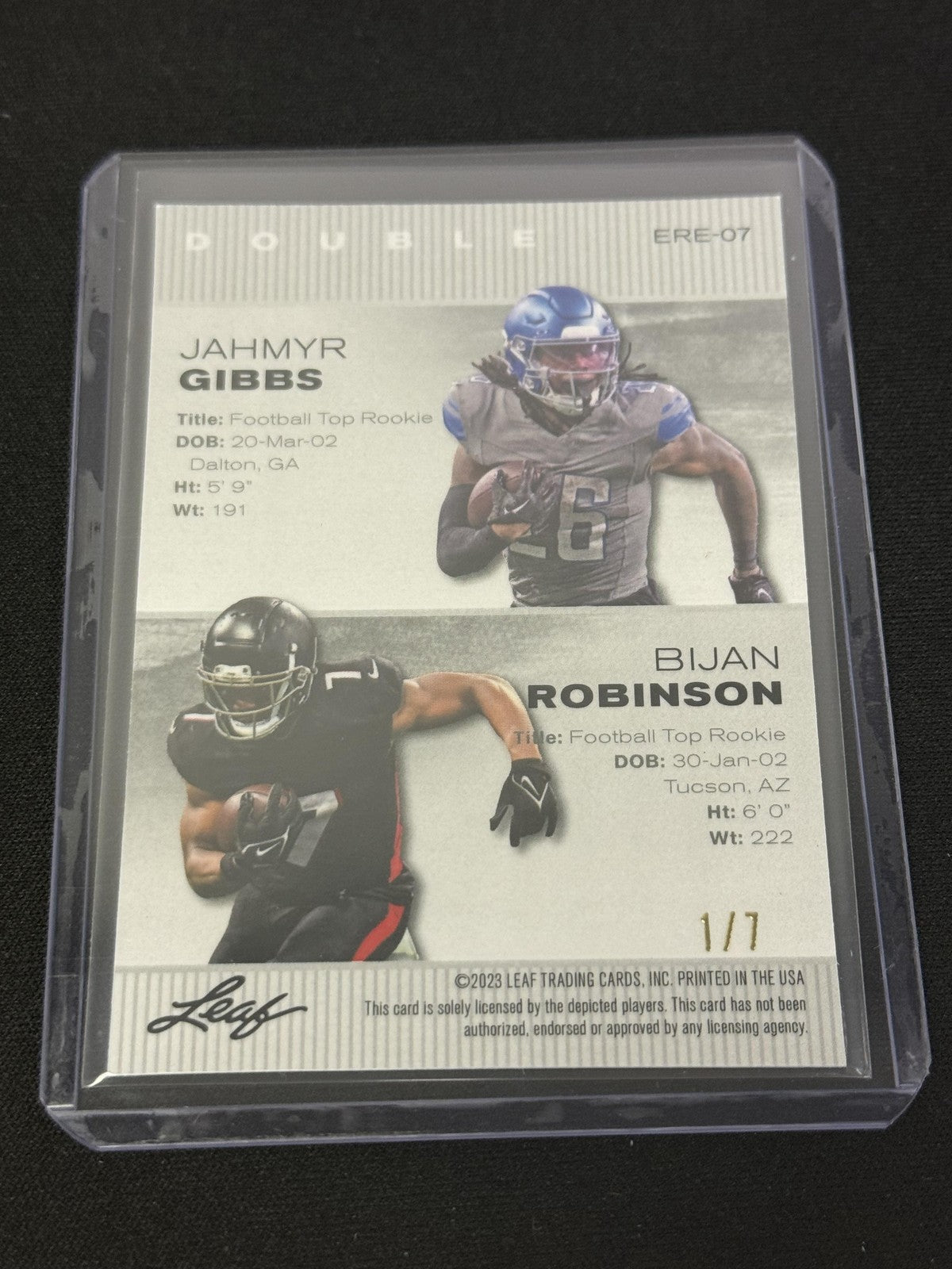Jahmyr Gibbs Bijan Robinson 2023 Leaf Dual Black /7 RC