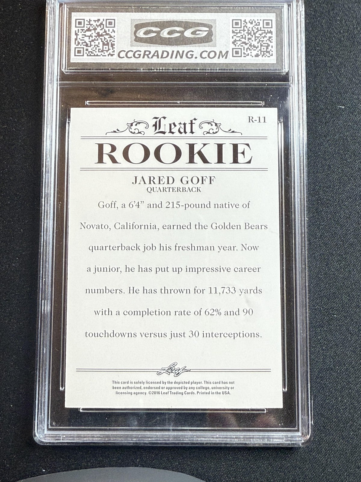 Jared Goff 2016 Leaf Rookie Achievement CCG 10 RC
