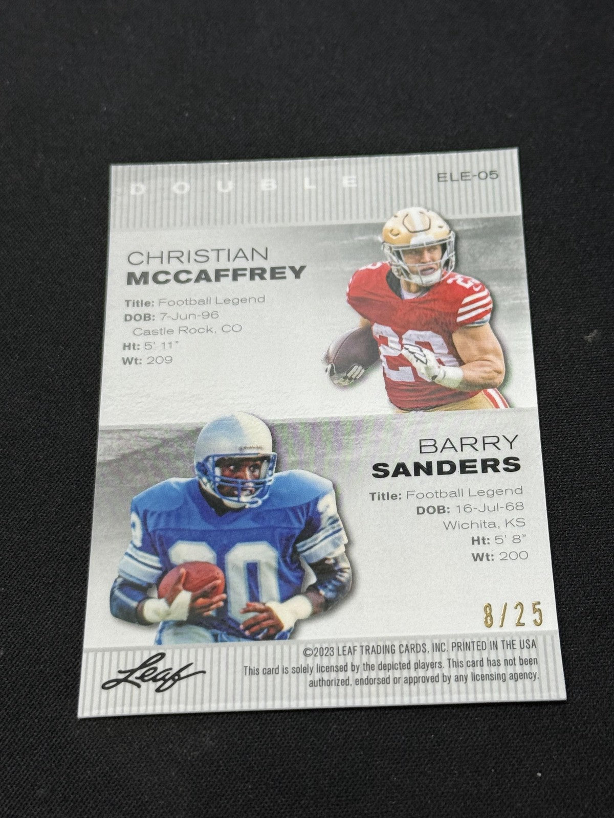 Christian McCaffrey Barry Sanders 2023 LEAF Metal Duals Silver /25 RC