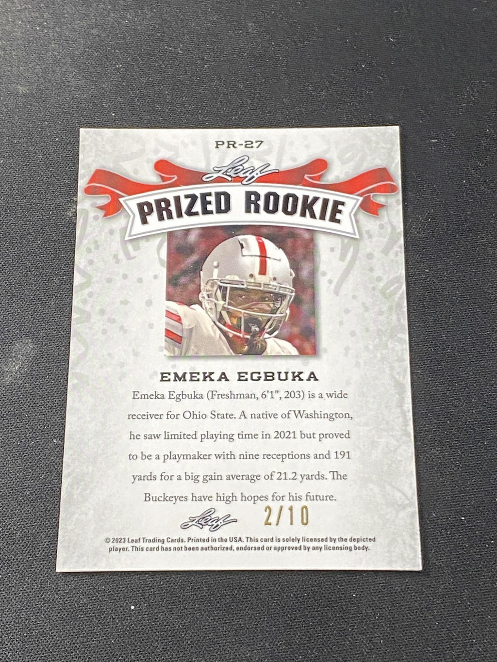 Emeka Egbuka 2023 Leaf Prized Metal Rookie Pink /10 RC