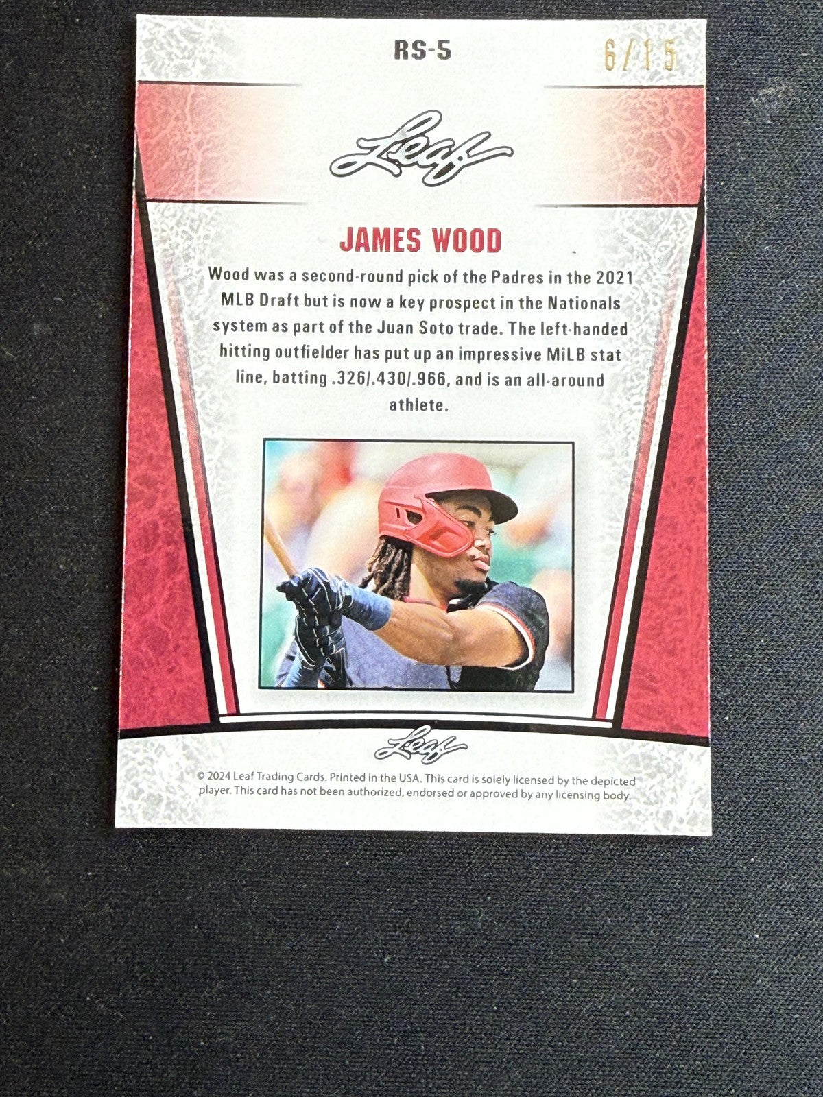 James Wood 2023 Leaf Prized Metal Rookie Purple /15 RC Nationals