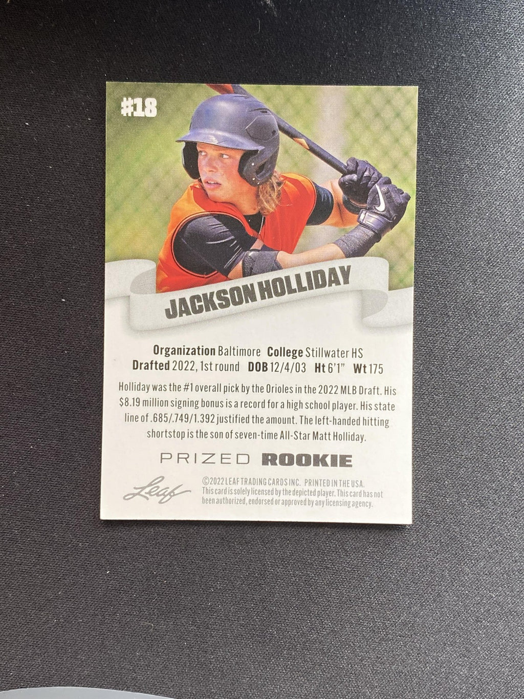 Jackson Holliday 2022 Leaf Prized Rookie 18 RC 10 Count Lot