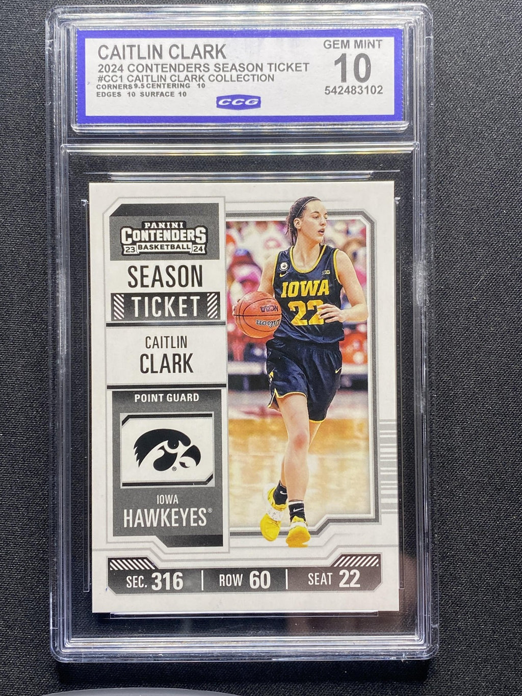 Caitlin Clark 2024 Panini Caitlin Clark Collection CC1 Season Ticket CCG 10 RC