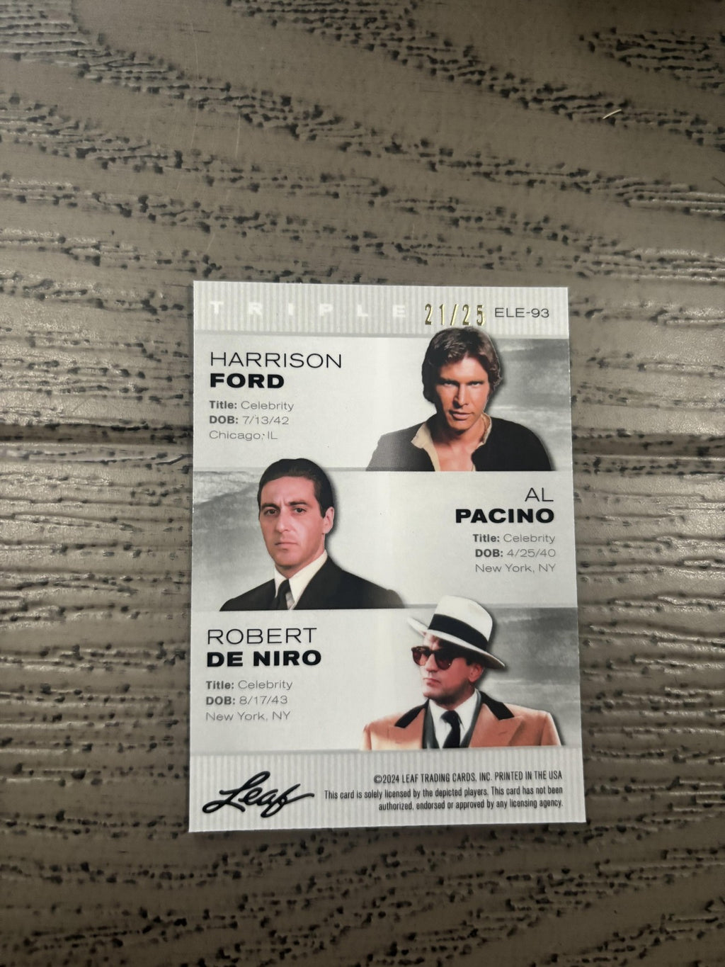Harrison Ford / Pacino / De Niro 2024 Leaf Metal Trio /25 RC