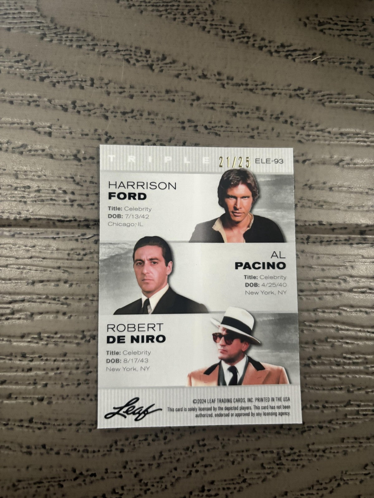 Harrison Ford / Pacino / De Niro 2024 Leaf Metal Trio /25 RC