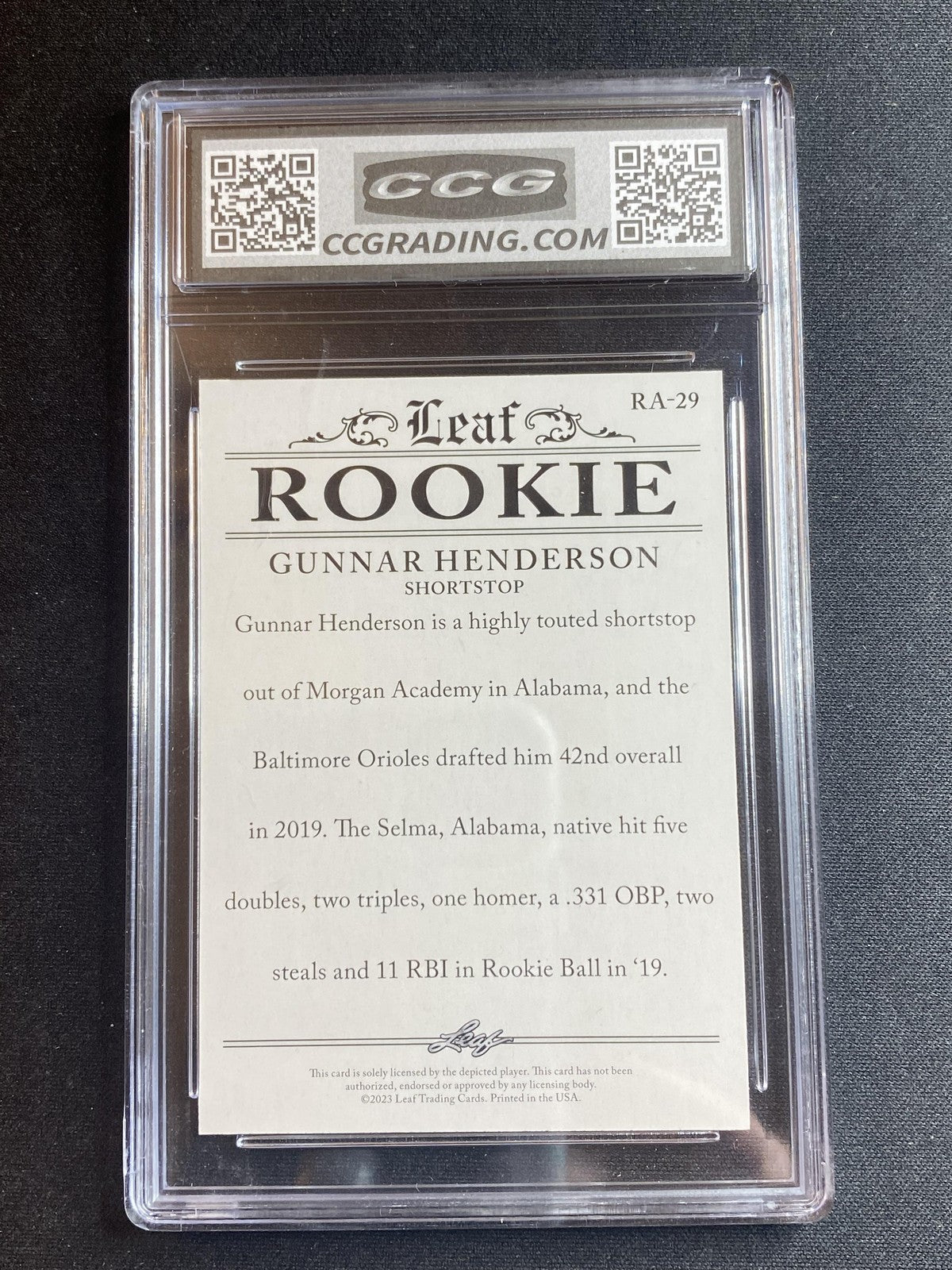 Gunnar Henderson 2023 Leaf Rookie Achievement RA29 CCG 10 RC
