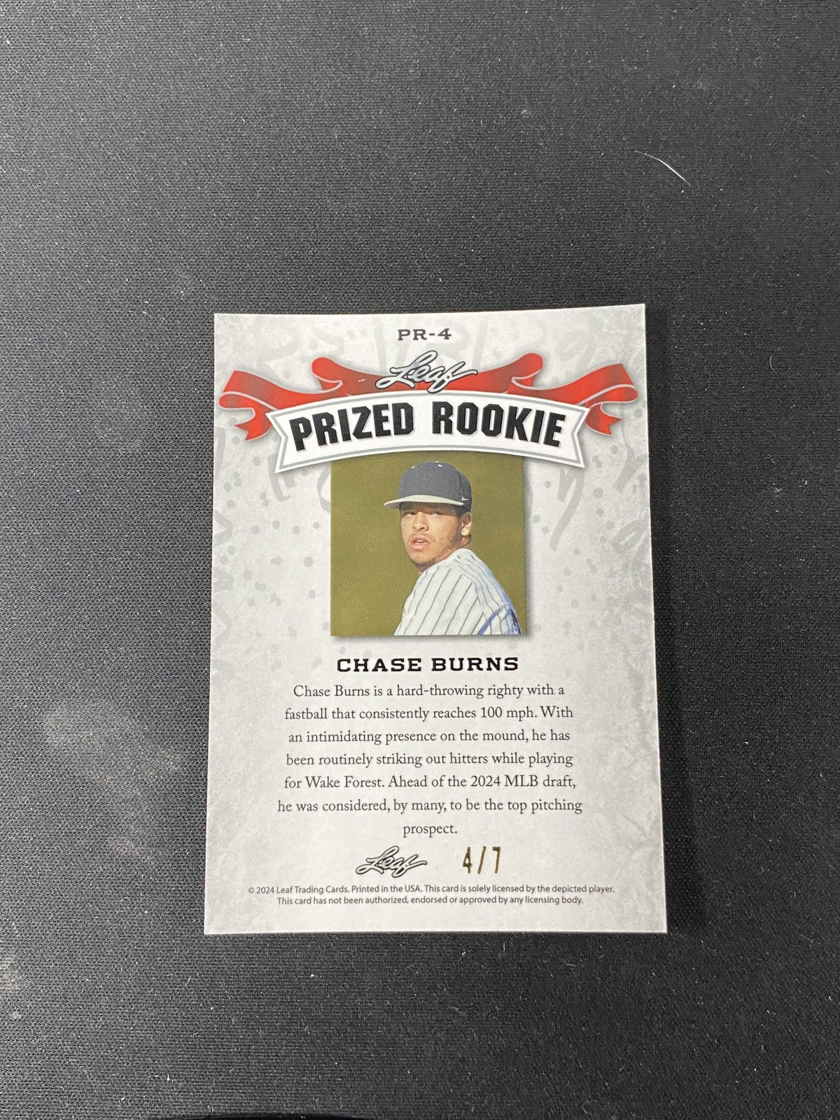 Chase Burns 2024 Leaf Prized Metal Rookie Black /7 RC