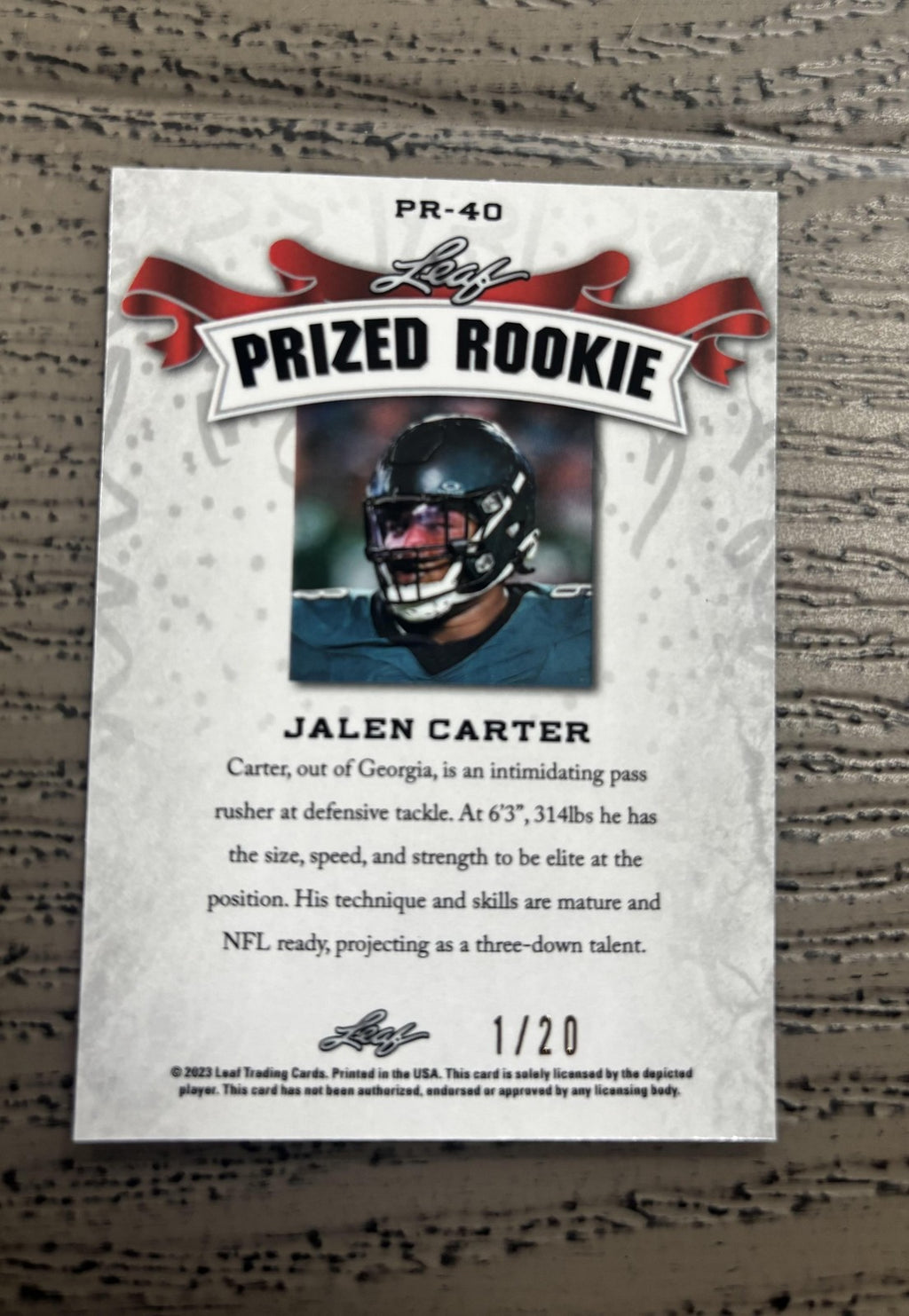 Jalen Carter 2023 Leaf Prized Metal Rookie Blue /20 RC Eagles