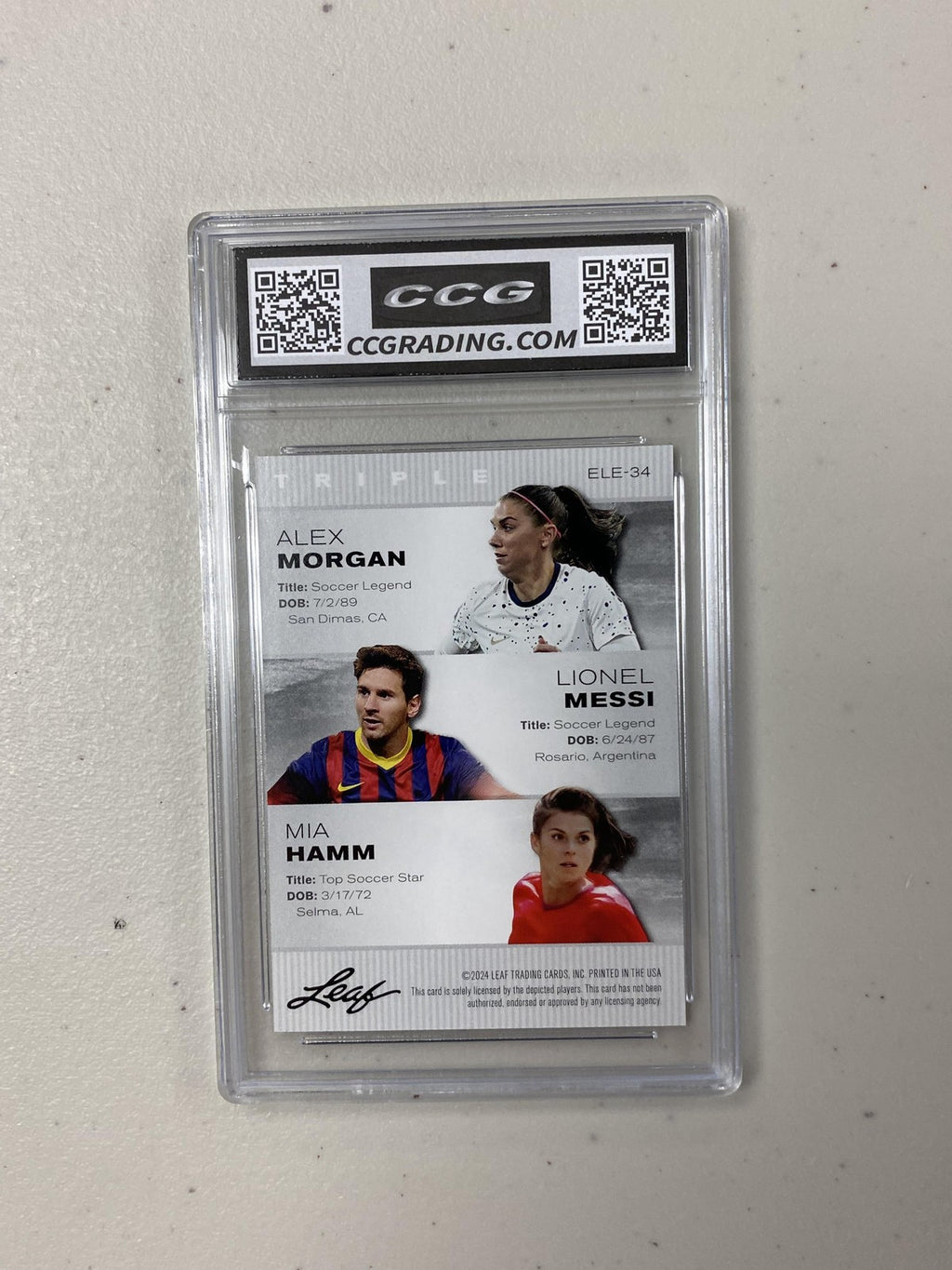 Alex Morgan Lionel Messi Mia Hamm 2024 Leaf Trio CCG 10 Rookie