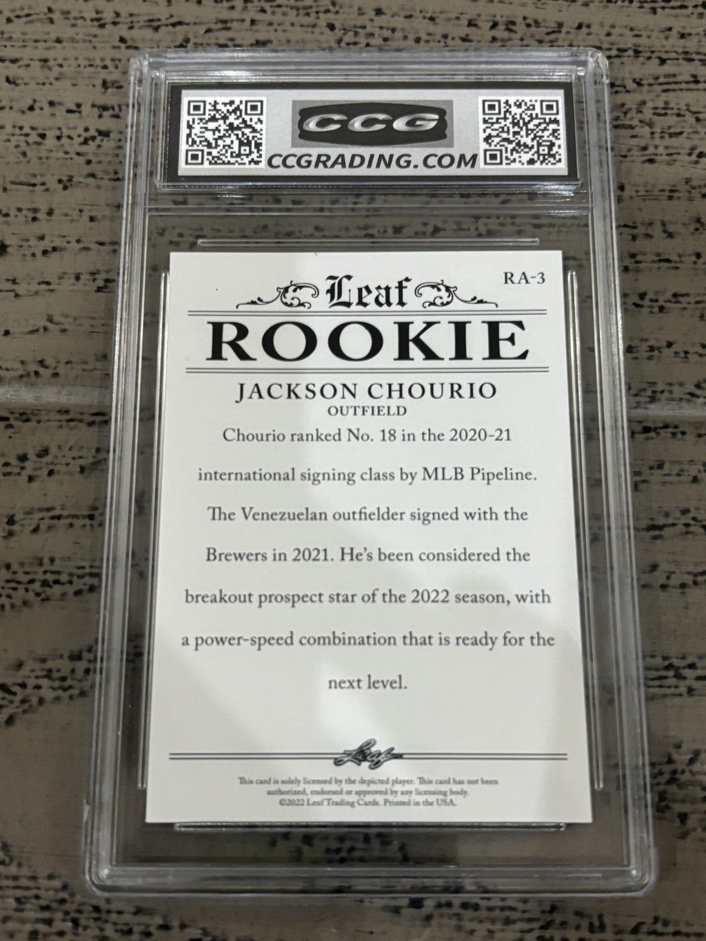 Jackson Chourio 2022 Leaf Rookie Achievement CCG 10 RC