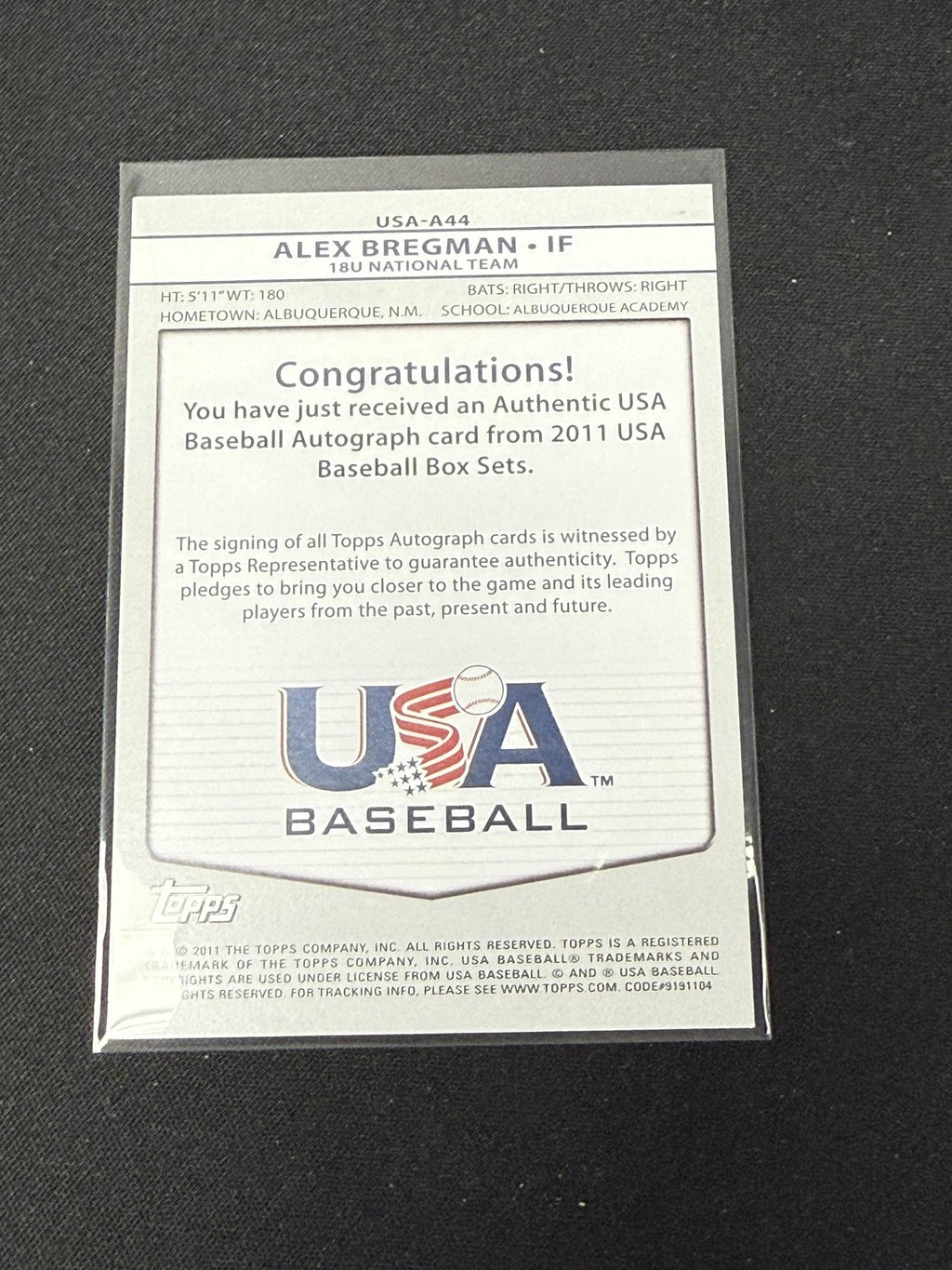 Alex Bregman 2011 Topps USA Baseball Autographs RC Red Sox