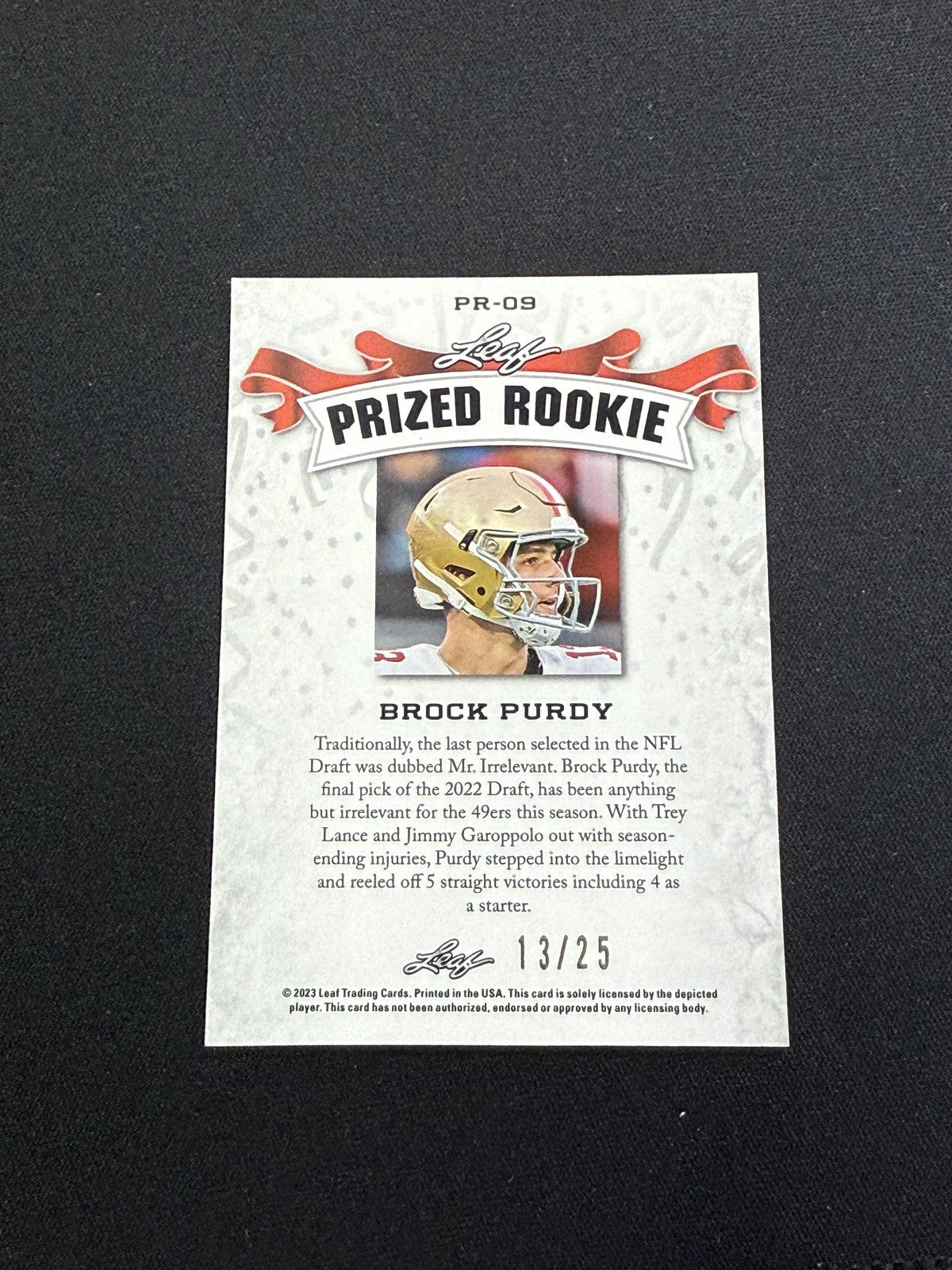 Brock Purdy 2023 Leaf Prized Metal Rookie /25 RC 49ers