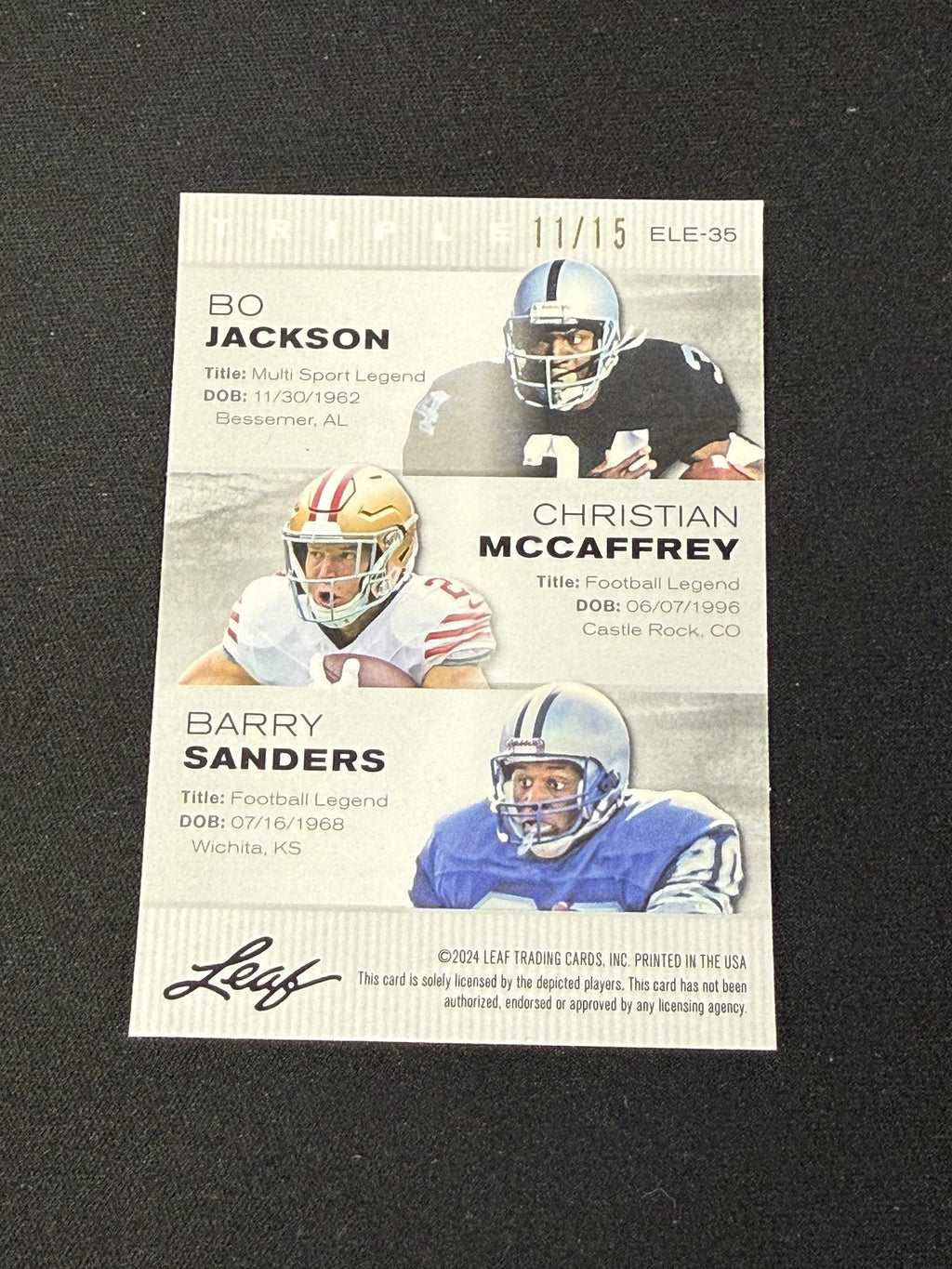 Bo Jackson Christian McCaffrey Barry Sanders 2024 Leaf Metal Trio Purple /15 RC