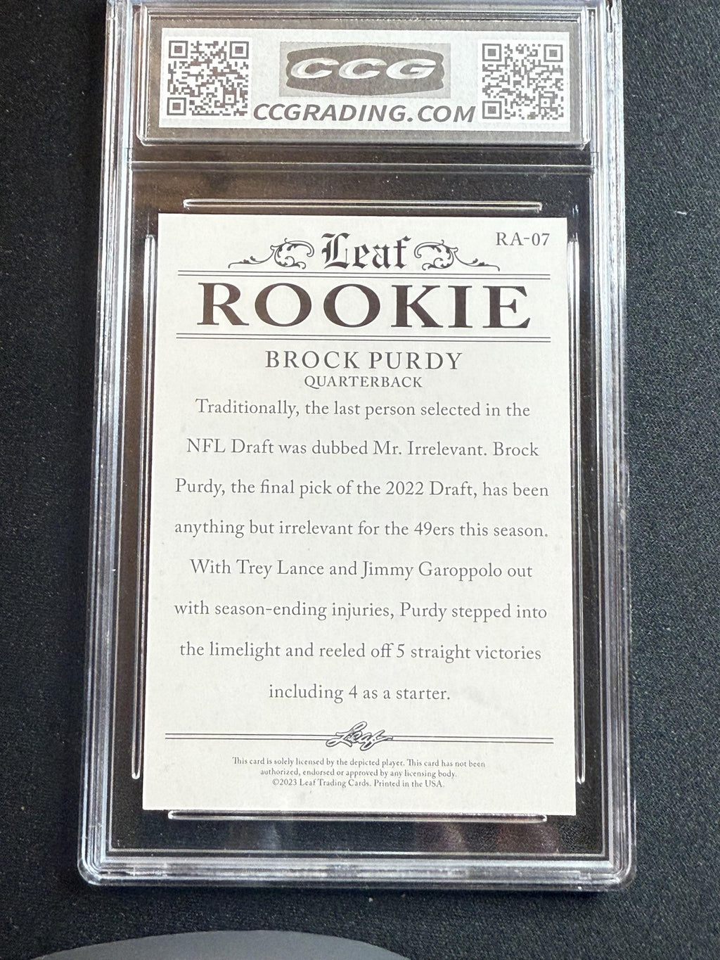 Brock Purdy 2023 Leaf Rookie Achievement CCG 10 RC