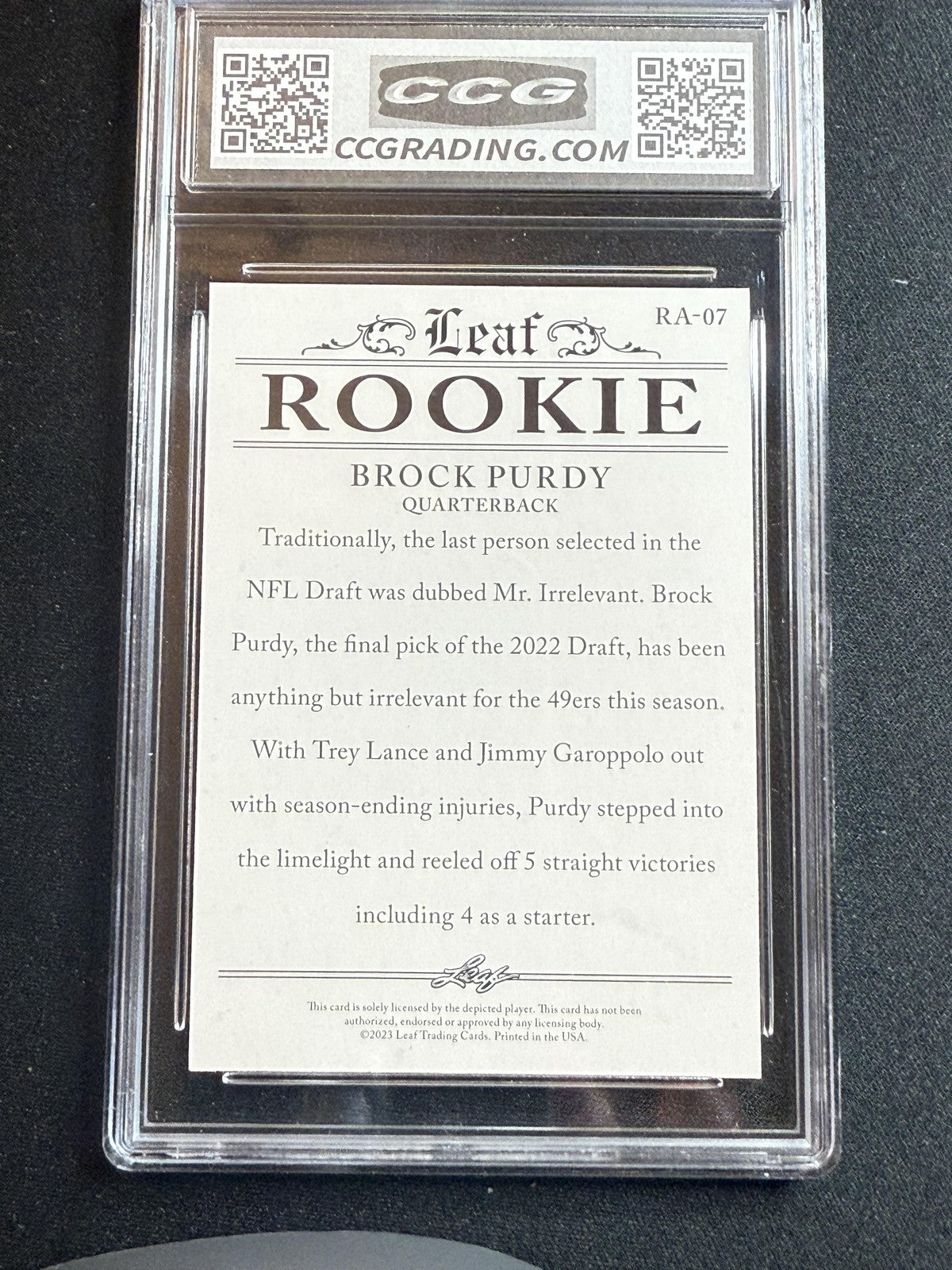 Brock Purdy 2023 Leaf Rookie Achievement CCG 10 RC