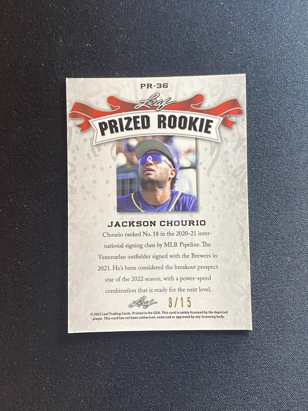 Jackson Chourio 2023 Leaf METAL Prized Rookie PR36 Purple #/15 RC
