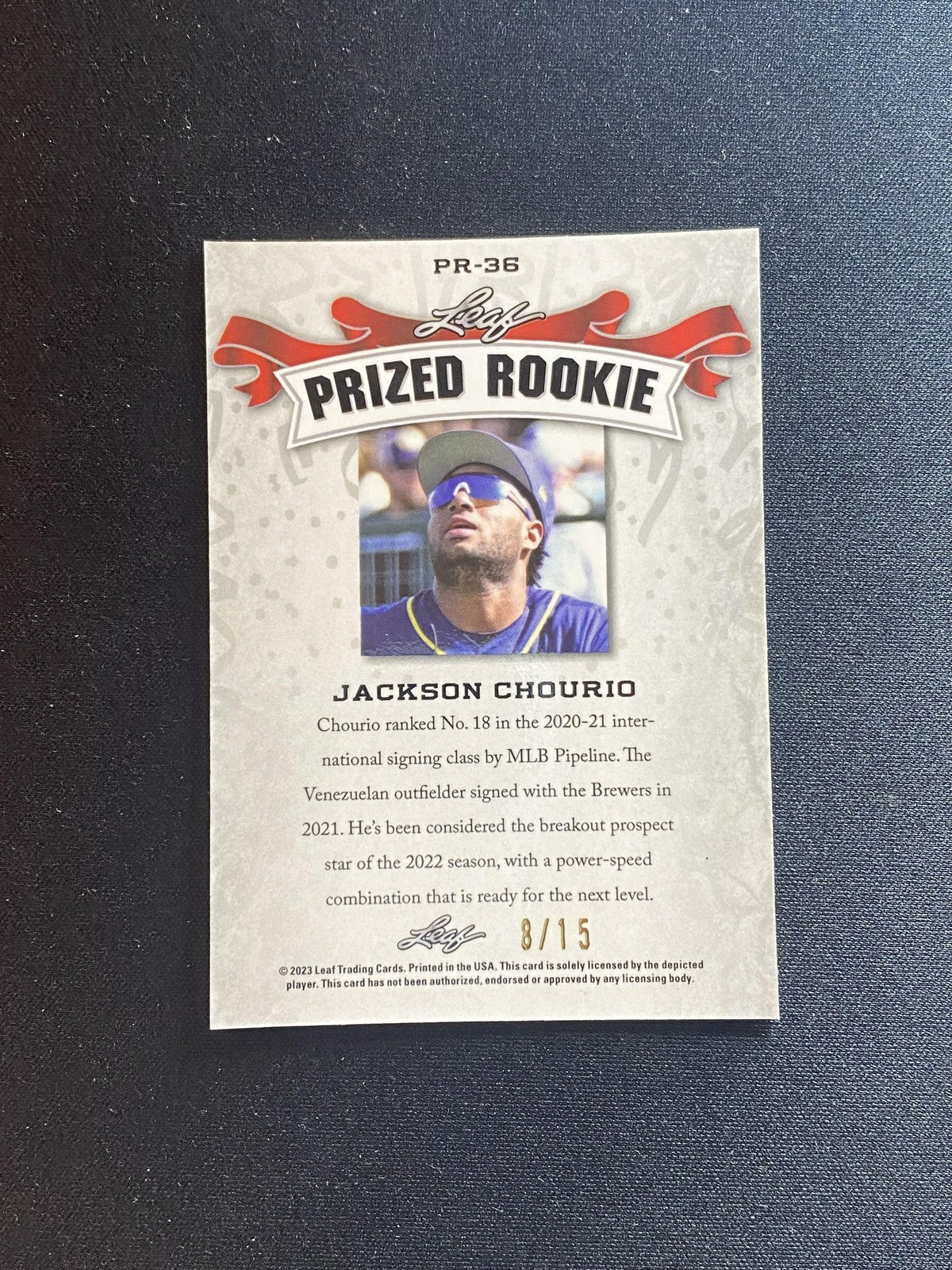 Jackson Chourio 2023 Leaf METAL Prized Rookie PR36 Purple #/15 RC