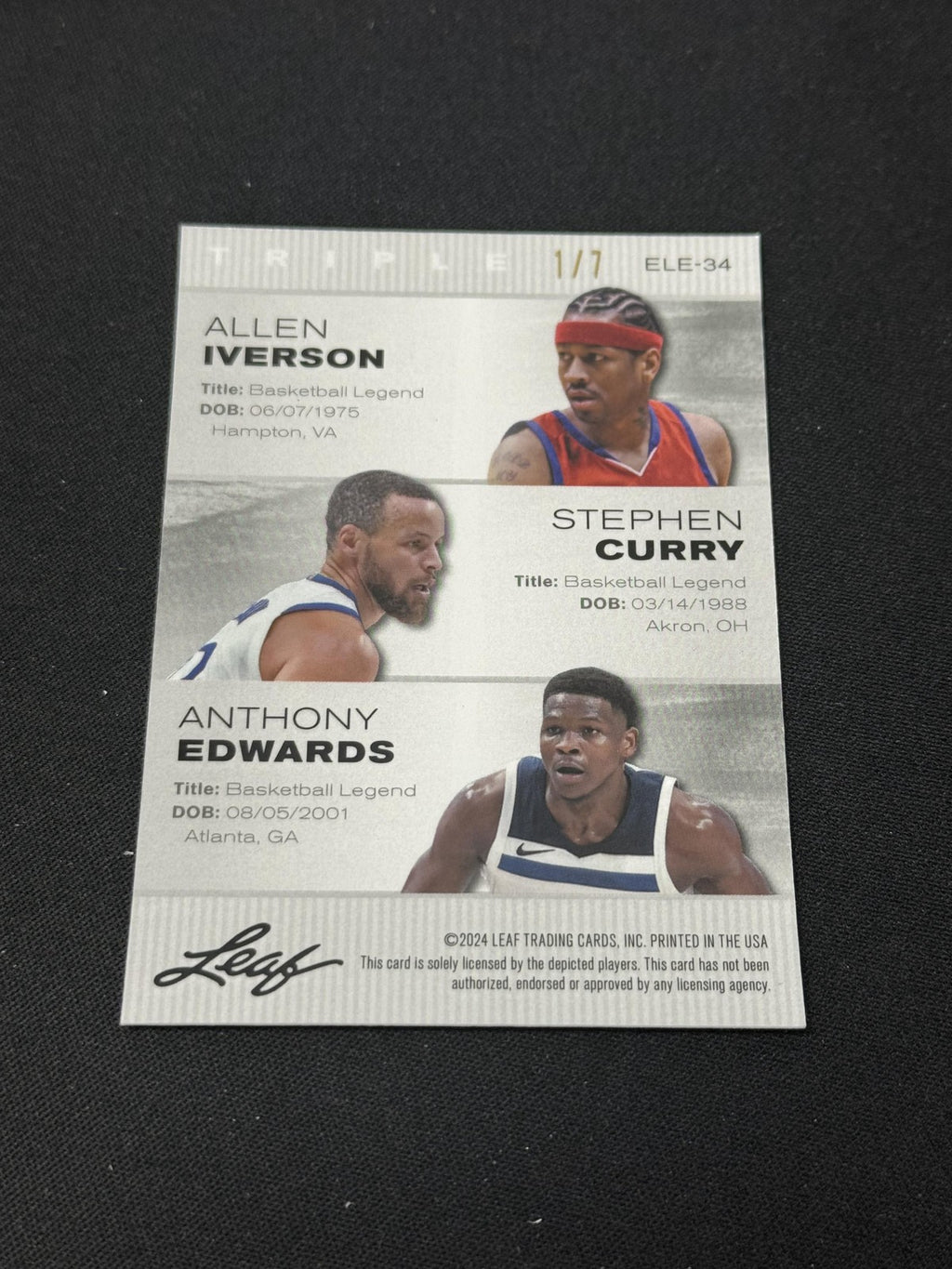 Allen Iverson / Stephen Curry / Anthony Edwards 2024 Leaf Metal Trio Black /7 RC