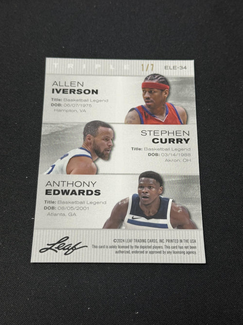 Allen Iverson / Stephen Curry / Anthony Edwards 2024 Leaf Metal Trio Black /7 RC