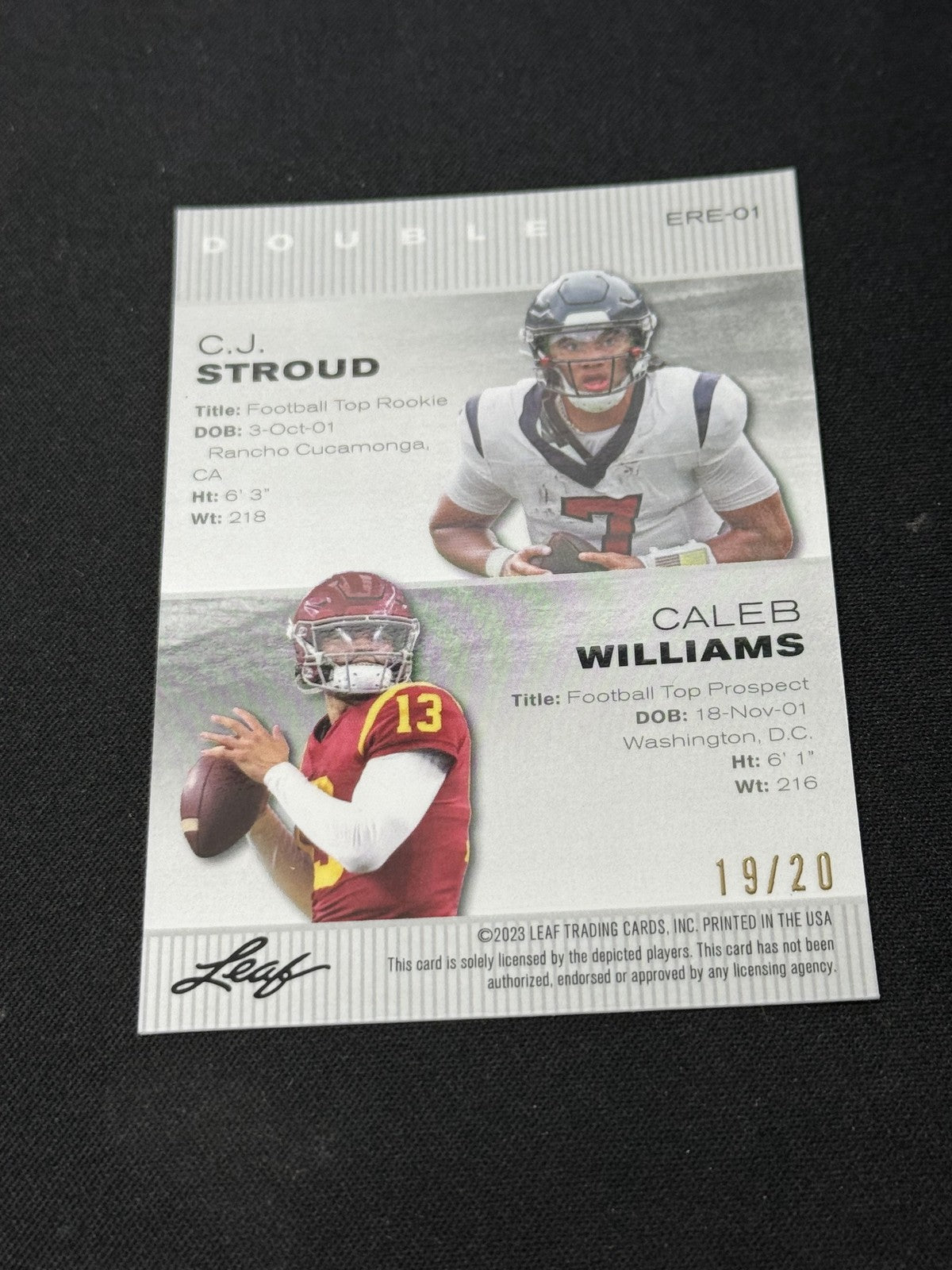 CJ Stroud Caleb Williams 2023 LEAF Metal Dual Blue /20 RC